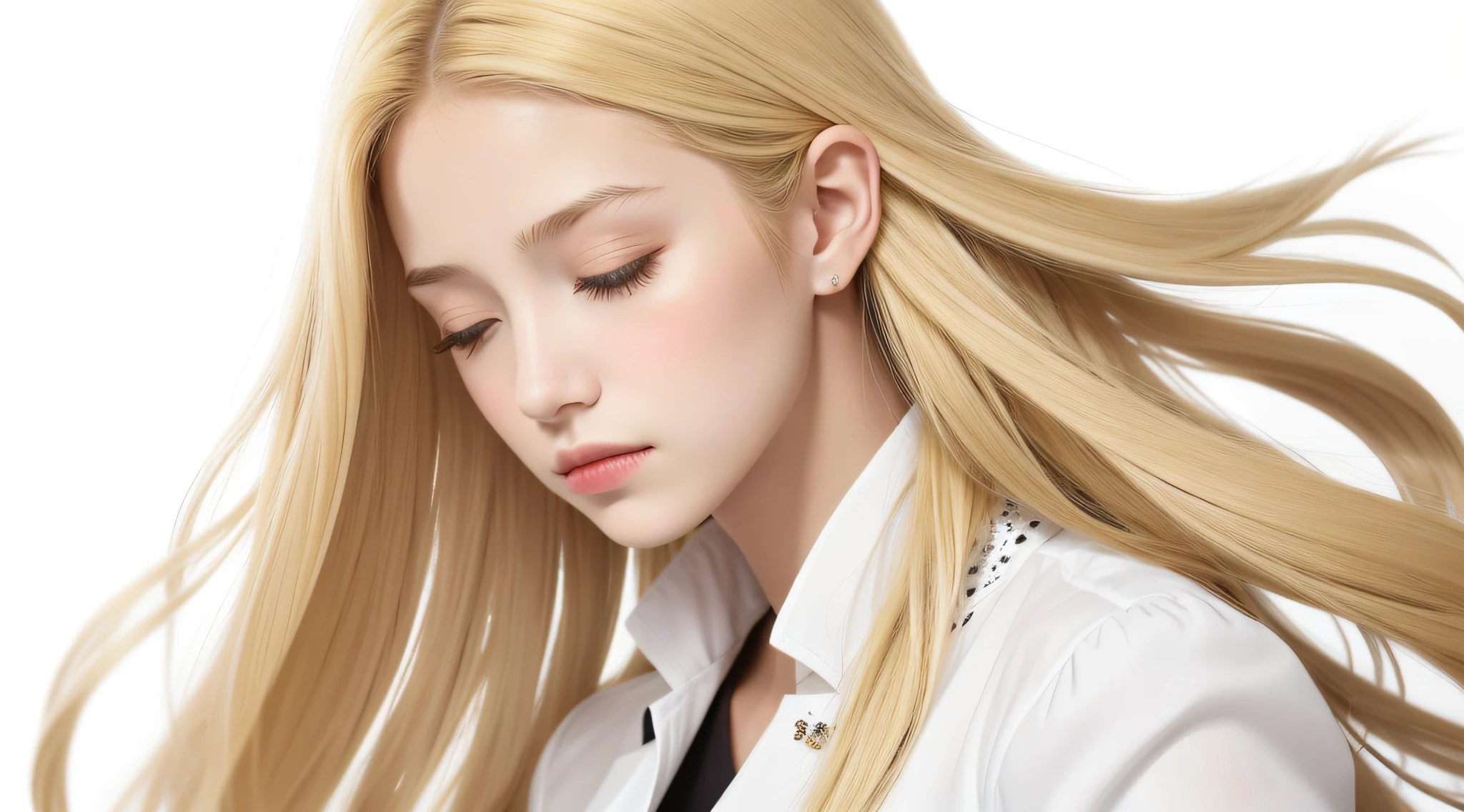 masterpiece, best quality, realistic, girl 8 yearsILIAN, BLONDE hair, long hair, broad shoulders, small head, upper body, (white background: 1.3), mouth closed.