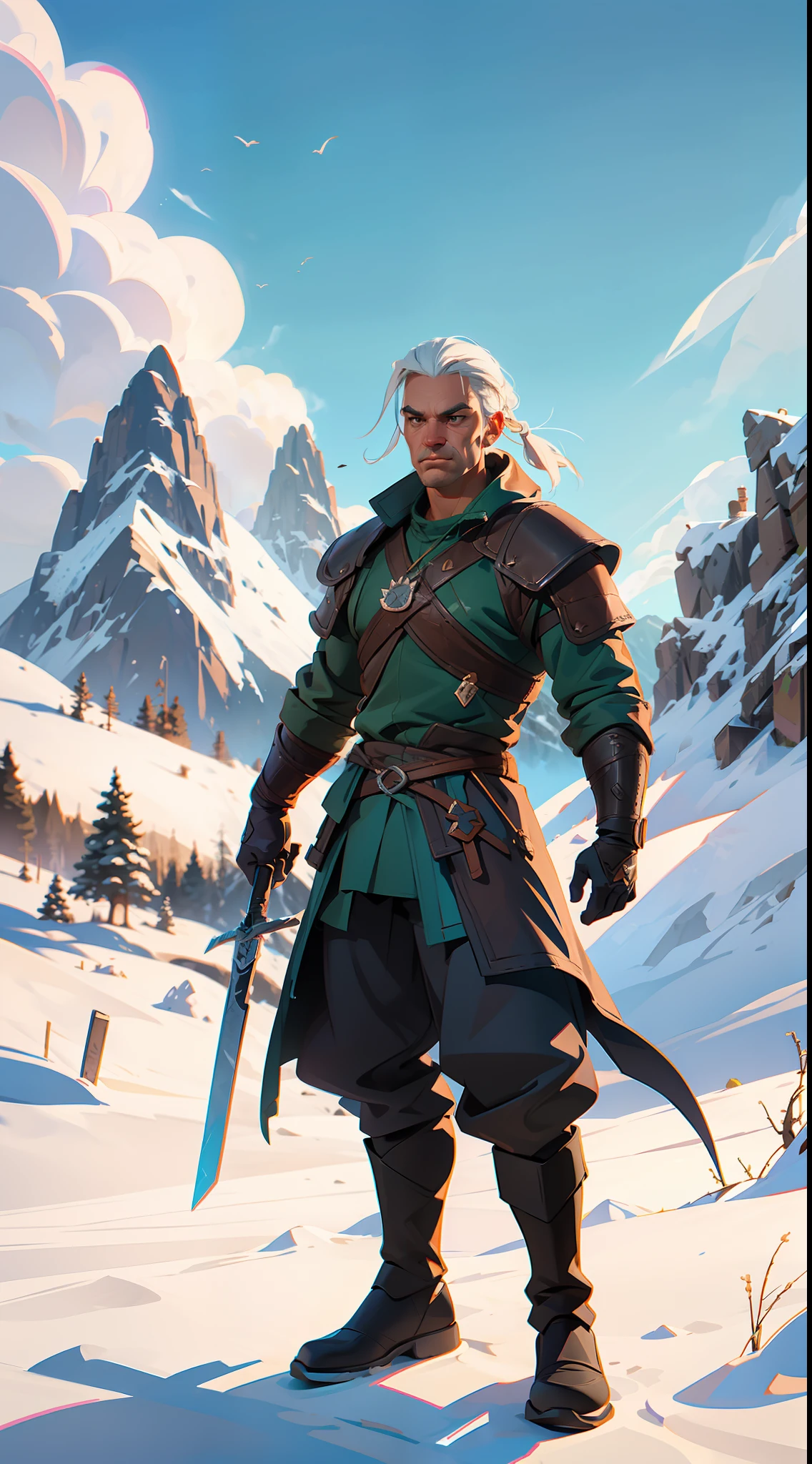 geralt de rivia the witcher super stong bodybuilder , full body, (((in the background mountains and a beautiful sky))), colored,, wide angle, super highly detailed, professional digital painting, artstation, concept art, smooth, sharp focus, no blur, no dof, extreme illustration, Unreal Engine 5, Photorealism, HD quality, 8k resolution, cinema 4d, 3D, beautiful, cinematic