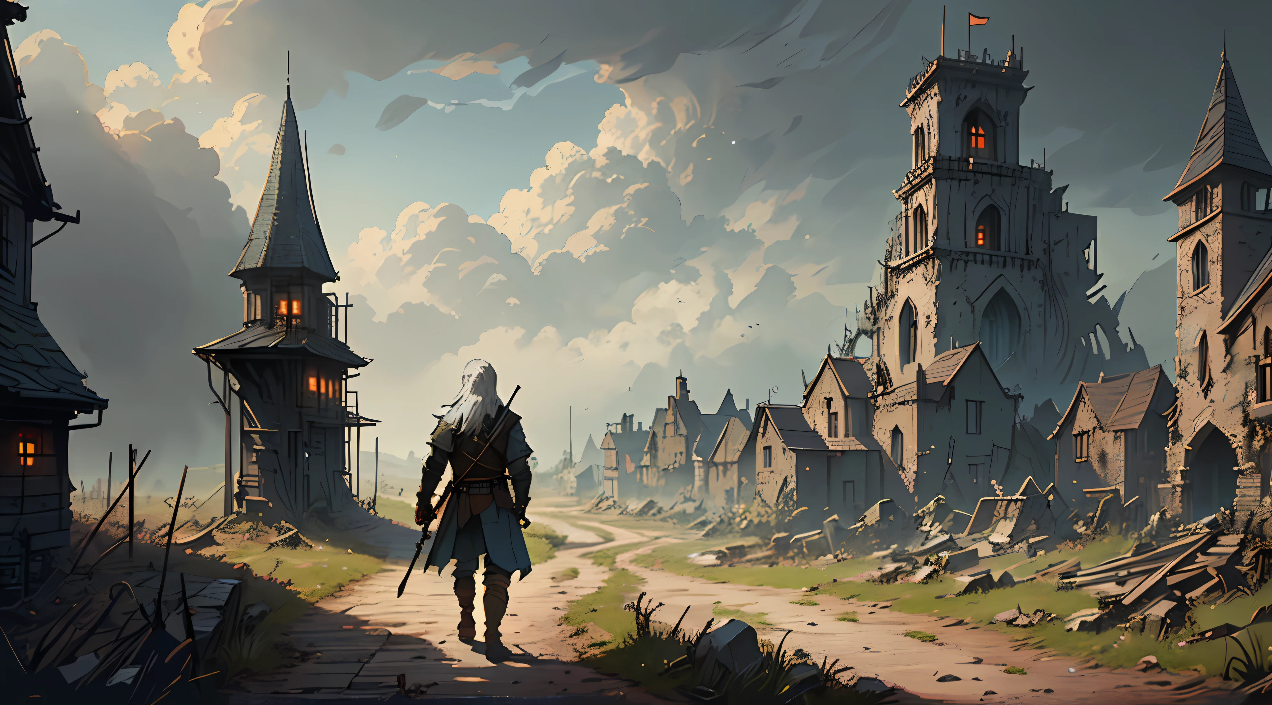 (8k unit wallpaper CG extremely detailed, masterpiece, best quality, ultra-detailed), (((solo)))), (wide shot), geralt the wizard following the road looking at a small medieval town abandoned in the distance, dense atmosphere of suspense, (full body), (back view), (high detail), (intricate details), intricate, incredible high details, highly detailed environment, illustrator, (masterpiece), art by Greg Rutkowski.