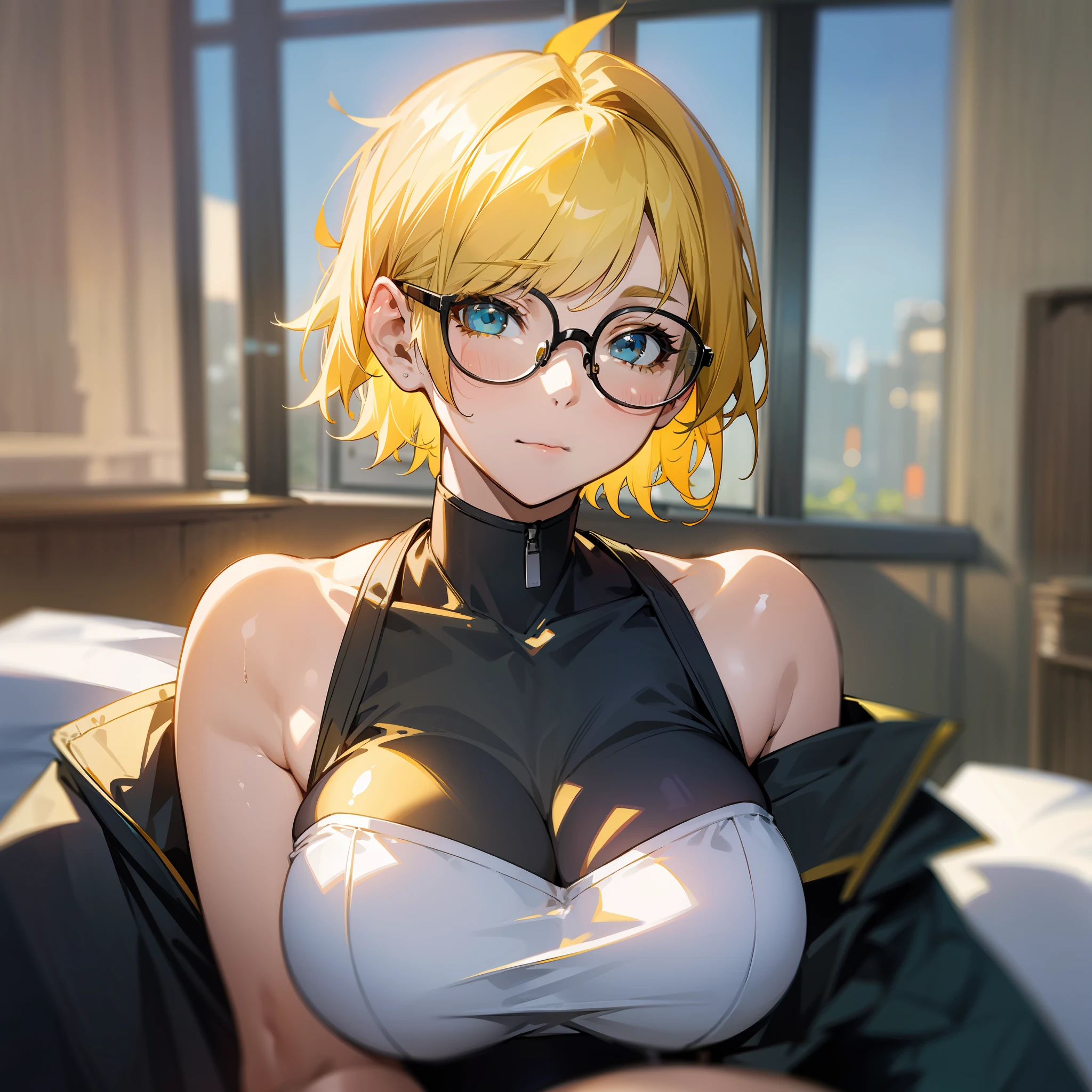 A girl, short hair, yellow hair, glasses, sexy, big thighs, big breasts