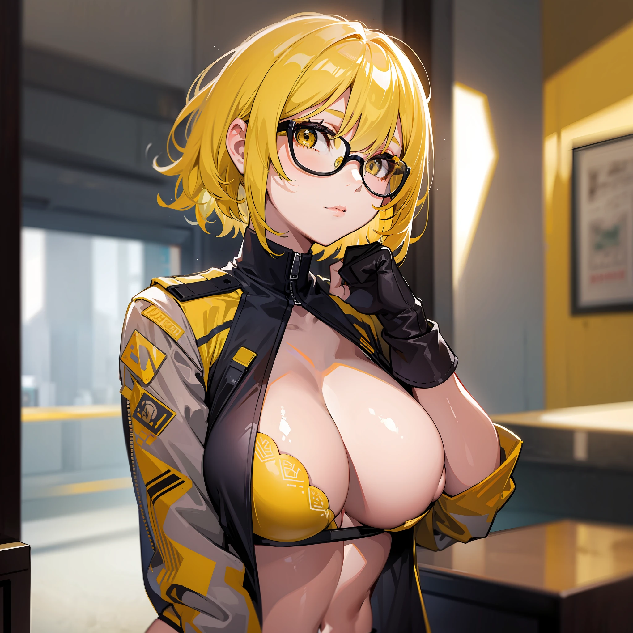 A girl, short hair, yellow hair, glasses, sexy, big thighs, big breasts