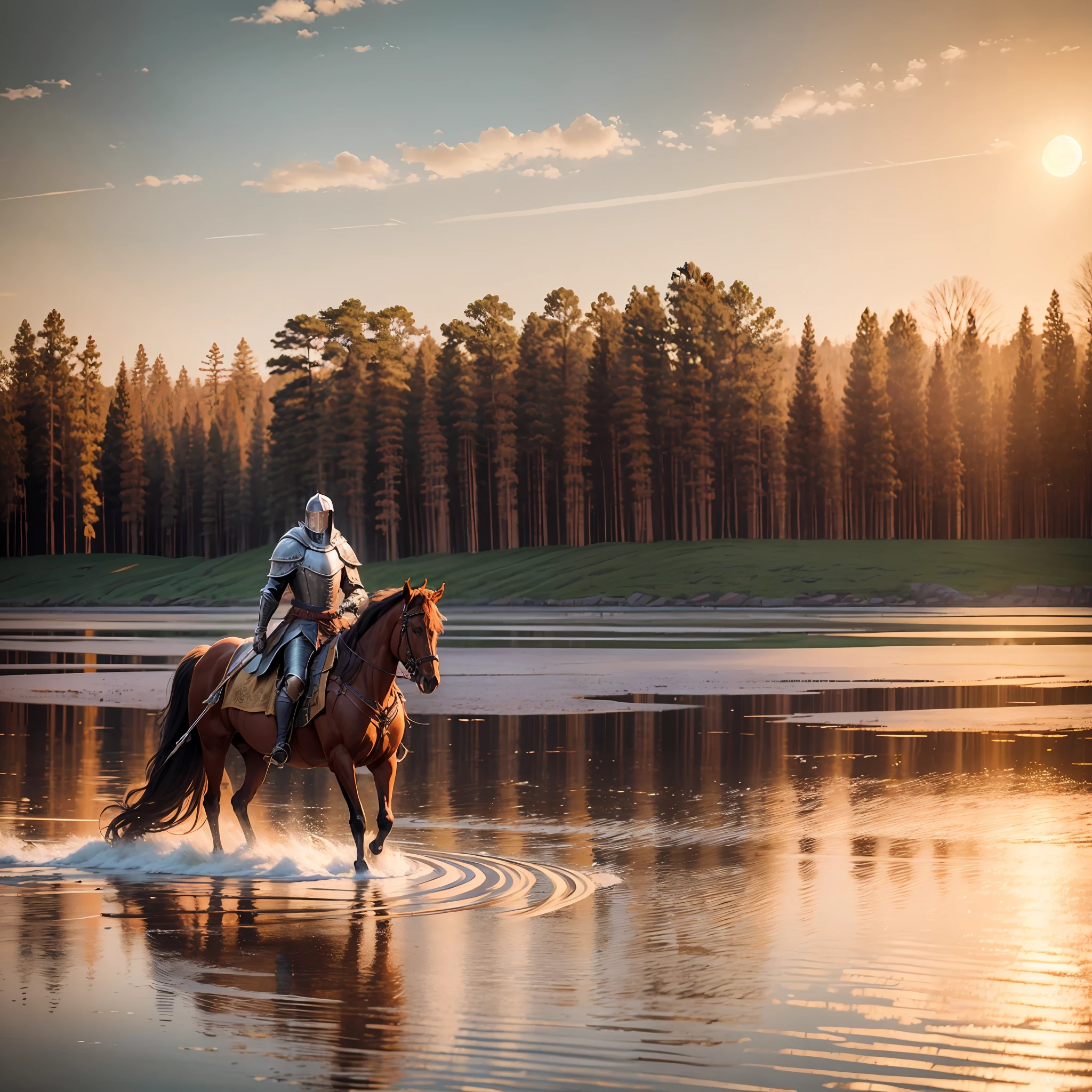 A medieval knight on a horse riding on a shallow river al Golden Hour photography style anatomically correct, high details, super detail, high quality, best quality vanishing point, --auto --s2