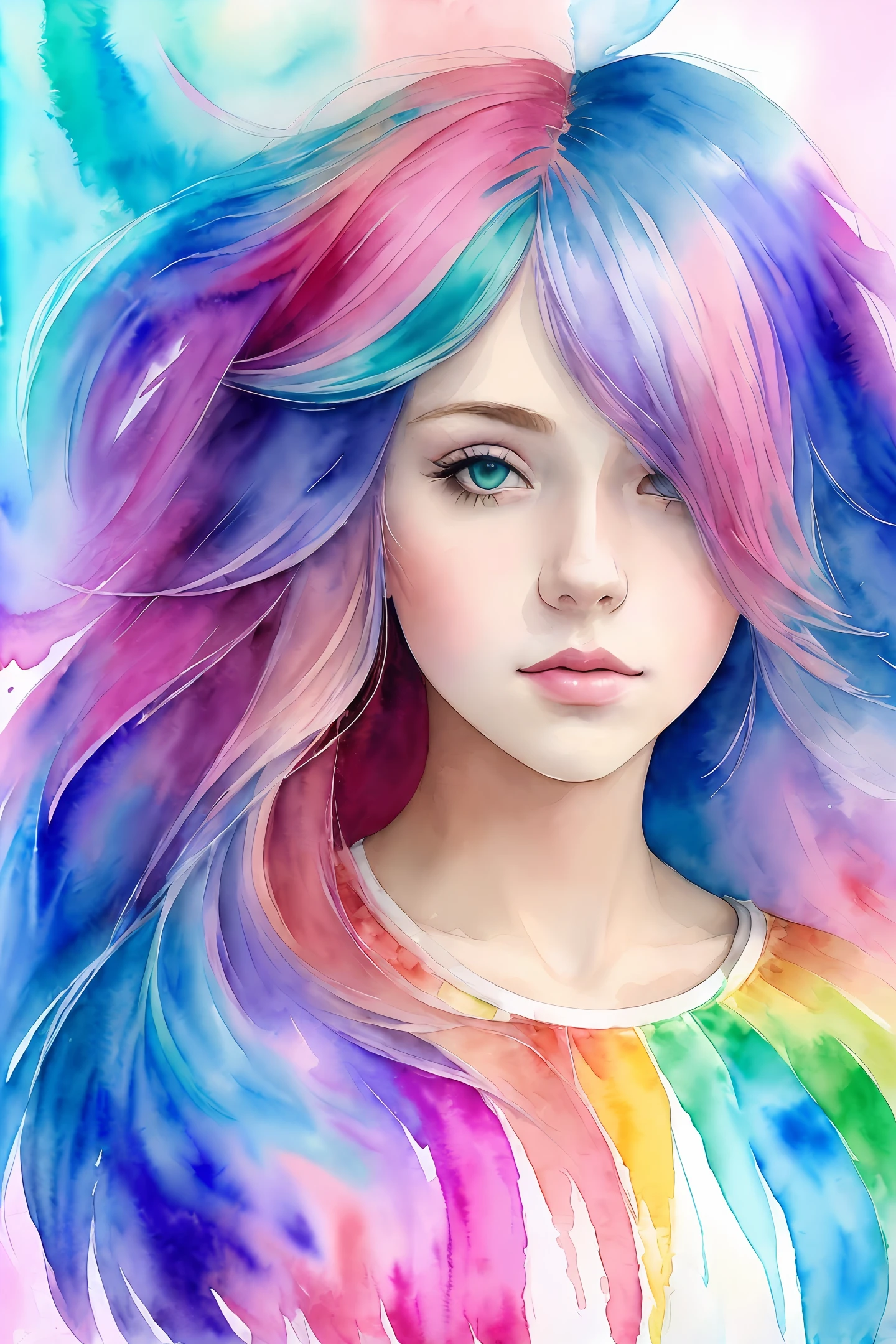(masterpiece, top quality, best quality,watercolor (medium),official art, beautiful and aesthetic:1.2),(1girl:1.3), (fractal art:1.3),upper body, from side, looking at viewer,patterns,(rainbow color Hair,colorful hair,half blue and half pink hair:1.2),water,liquid, cloud,colorful, starry,stars,