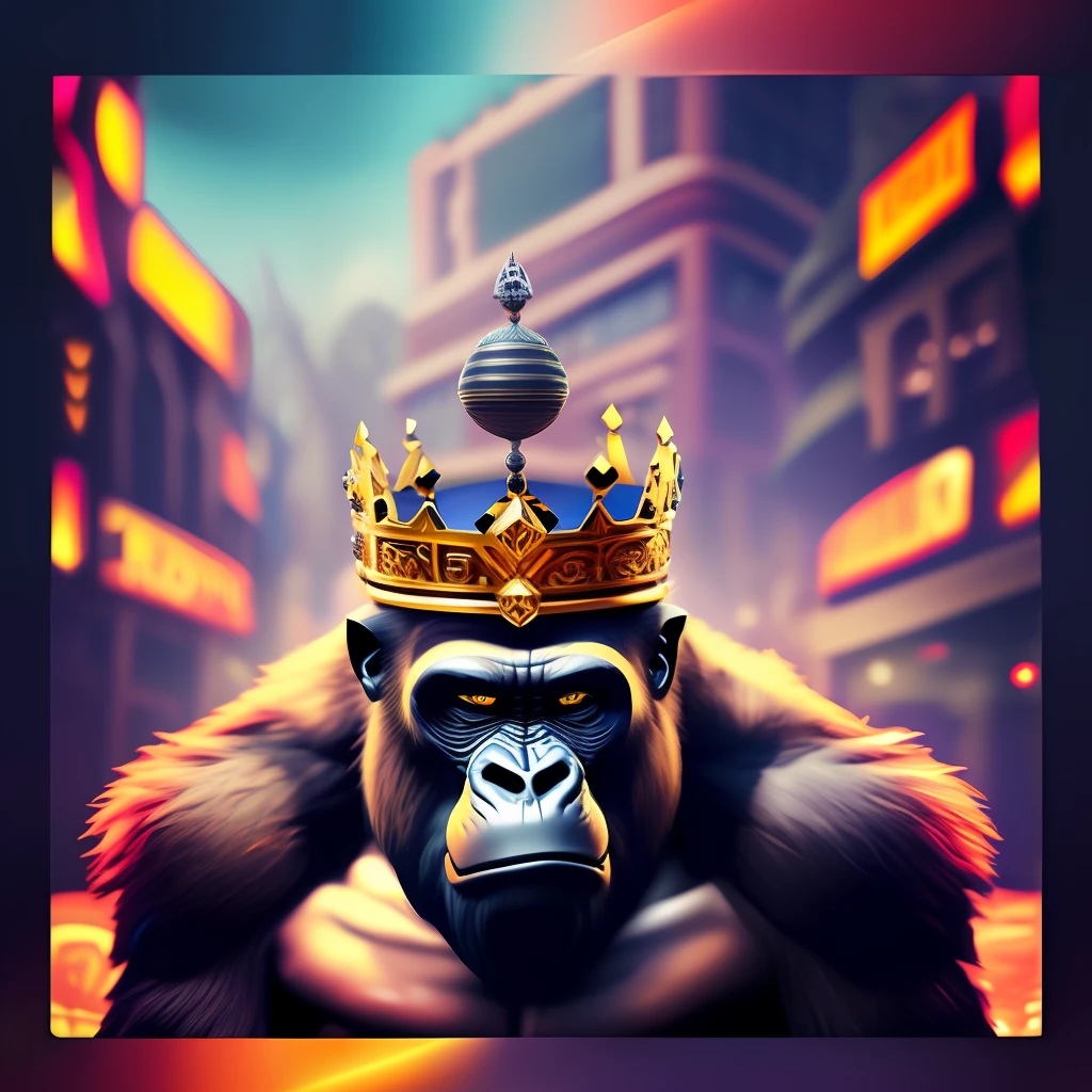 1gorilla wearing a crown on his head, 8k highly detailed, king of the jungle, king kong, a king kong rage on the street, king of kings, 8k highly detailed ❤🔥 💀 ❤️ 🔥 💀 🔥 🔥 🤖 🚀 🚀 🤖, king of hell, profile picture of discord, king of hell, bored monkey nft, like gorilla