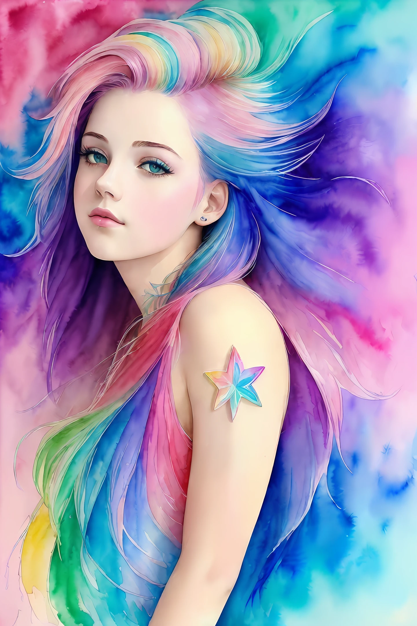 (masterpiece, top quality, best quality,watercolor (medium),official art, beautiful and aesthetic:1.2),(1girl:1.3), (fractal art:1.3),upper body, from side, looking at viewer,patterns,(rainbow color Hair,colorful hair,half blue and half pink hair:1.2),water,liquid, cloud,colorful, starry,stars,