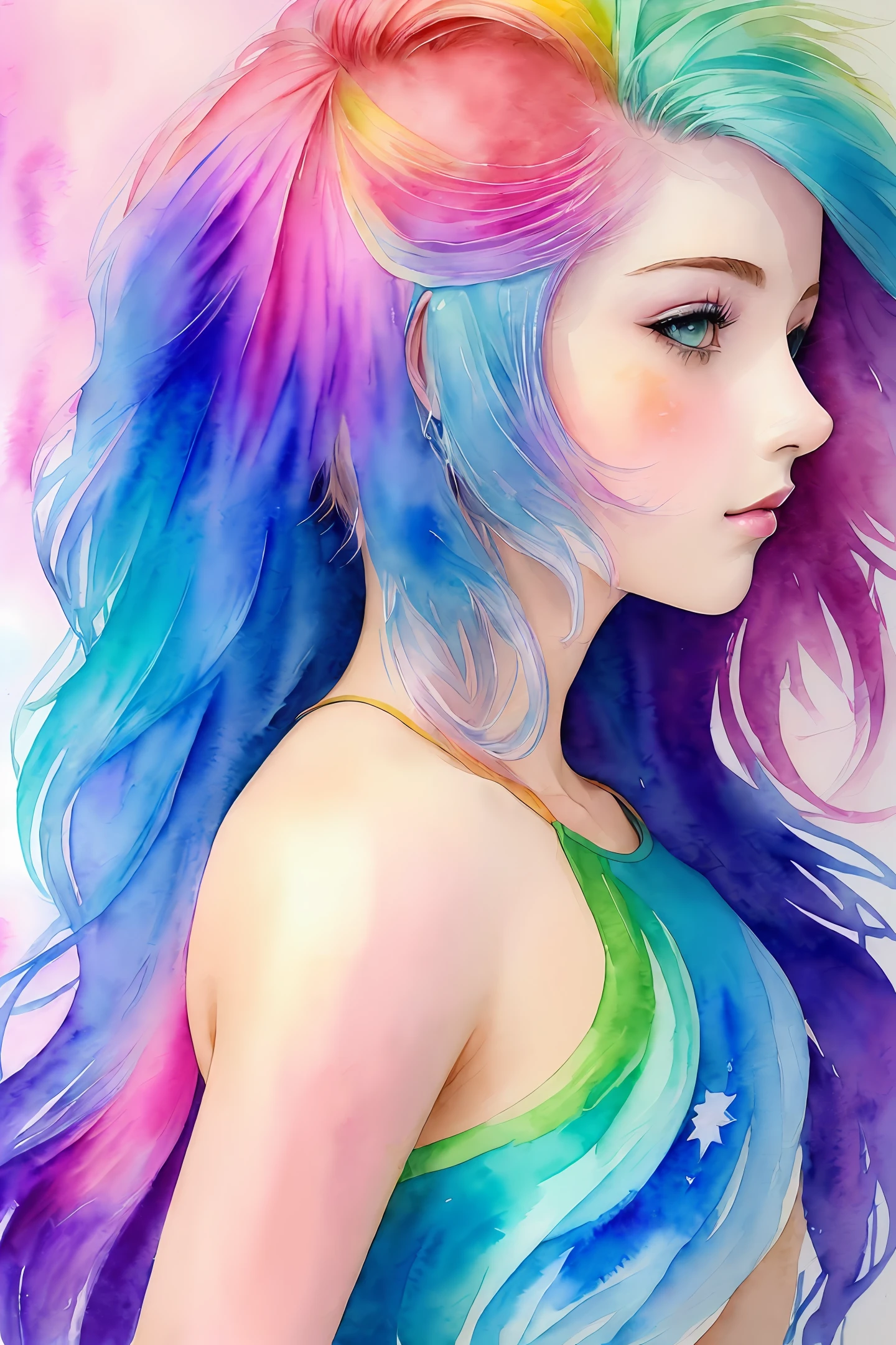 (masterpiece, top quality, best quality,watercolor (medium),official art, beautiful and aesthetic:1.2),(1girl:1.3), (fractal art:1.3),upper body, from side, looking at viewer,patterns,(rainbow color Hair,colorful hair,half blue and half pink hair:1.2),water,liquid, cloud,colorful, starry,stars,