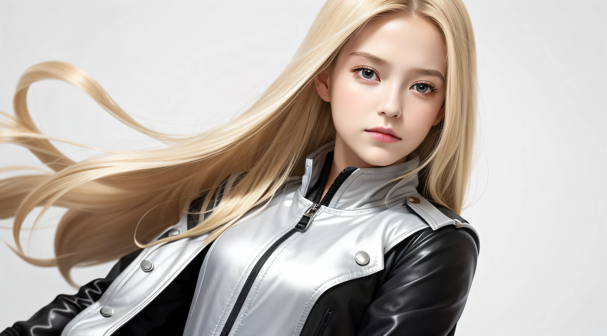masterpiece, best quality, realistic, girl 8 yearsNDE hair, long hair, SILVER JACKET, broad shoulders, small head, upper body, (white background: 1.3), mouth closed.