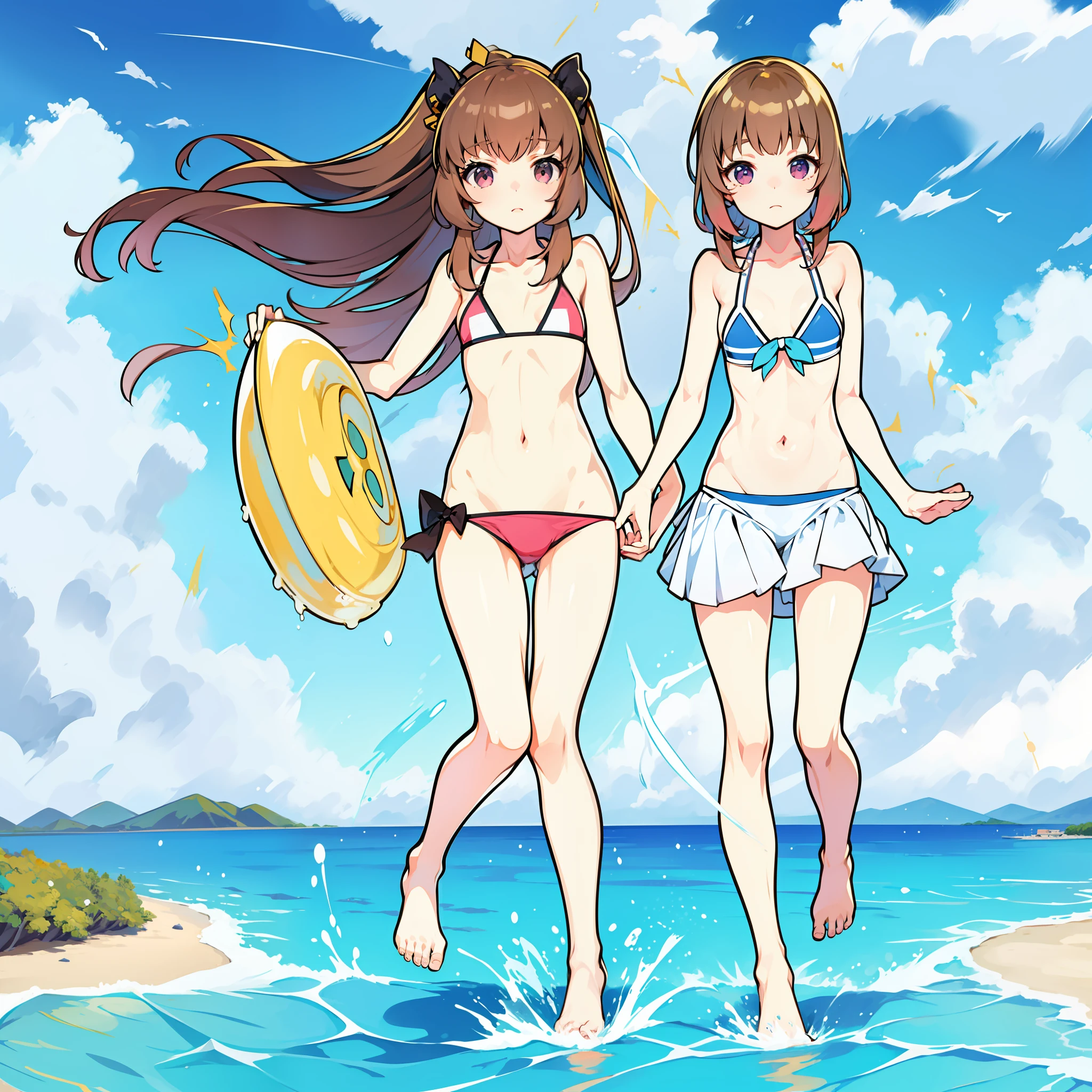 , bikini, barefoot, flat chest, urinary incontinence, urine,