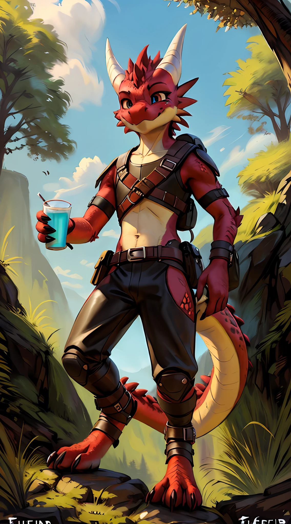 (((by fluff-kevlar, by Zackary911, by Kenket, by Kilinah))), solo male (((Kobold)), (detailed kobold)) wearing leather armor, muscular toned, squirrel ears, kobold tail, messy hair, front view, looking at the observer with an embarrassed smile, blush, holding  a cup of juice, perspective, finely detailed paws, adventure backpack, knifes