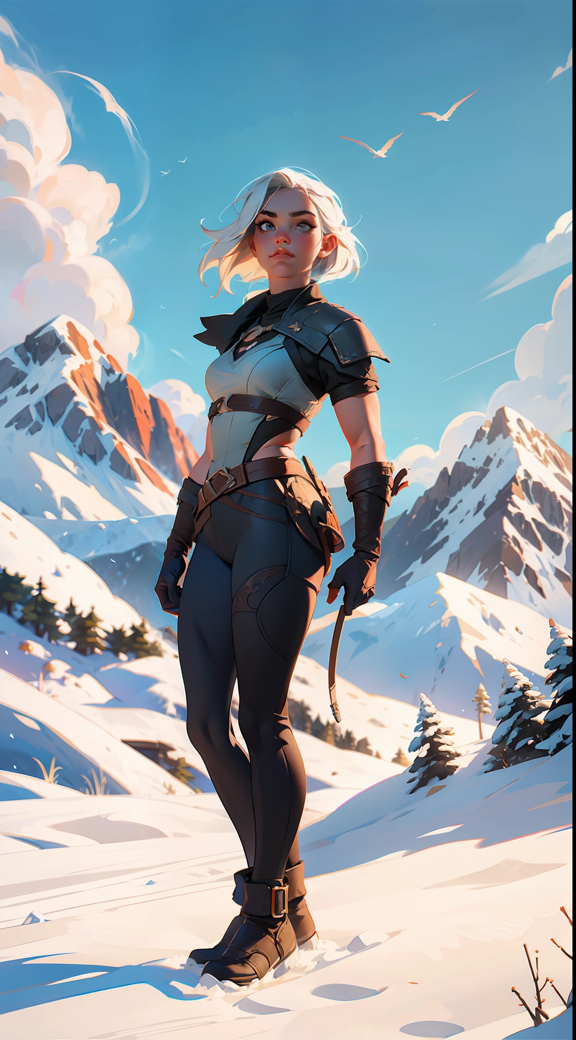 ciri the witcher super stong bodybuilder , full body, (((in the background mountains and a beautiful sky))), colored,, wide angle, super highly detailed, professional digital painting, artstation, concept art, smooth, sharp focus, no blur, no dof, extreme illustration, Unreal Engine 5, Photorealism, HD quality, 8k resolution, cinema 4d, 3D, beautiful, cinematic