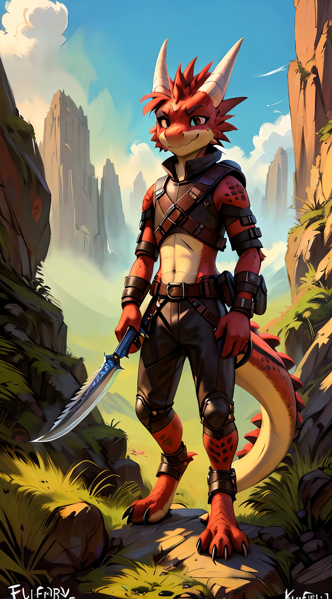 (((by fluff-kevlar, by Zackary911, by Kenket, by Kilinah))), solo male (((Kobold)), (detailed kobold)) wearing leather armor, muscular toned, squirrel ears, kobold tail, messy hair, front view, looking at the observer with an embarrassed smile, blush, holding  a cup of juice, perspective, finely detailed paws, adventure backpack, knifes