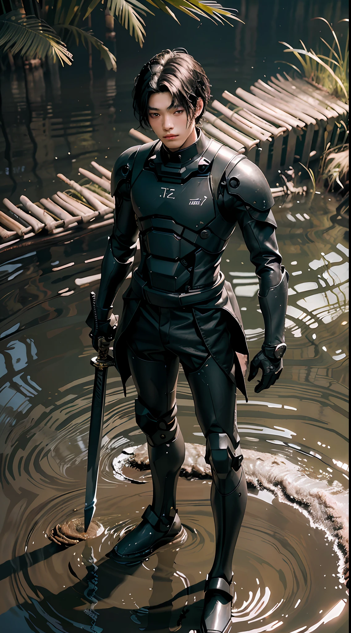 Highest quality, outstanding details, ultra-high resolution, (fidelity: 1.4), best illustration, favor details, highly condensed 1 male, 18 years old, with a delicate and beautiful face, sad expression, dressed in black mecha, short black hair, holding a black mecha sword, standing in muddy water with legs in the background, burning reeds,