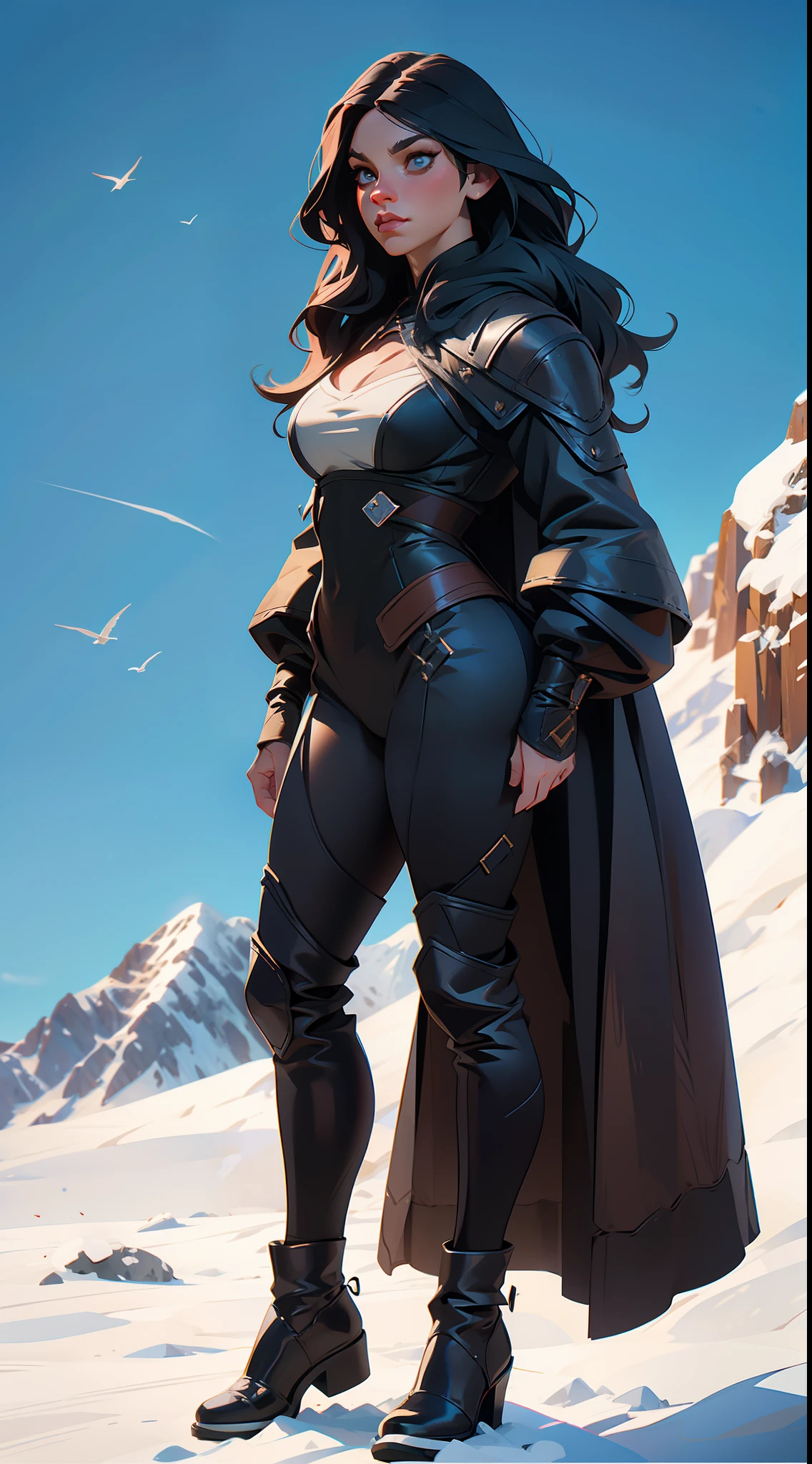 yennefer the witcher super stong bodybuilder , full body, (((in the background mountains and a beautiful sky))), colored,, wide angle, super highly detailed, professional digital painting, artstation, concept art, smooth, sharp focus, no blur, no dof, extreme illustration, Unreal Engine 5, Photorealism, HD quality, 8k resolution, cinema 4d, 3D, beautiful, cinematic