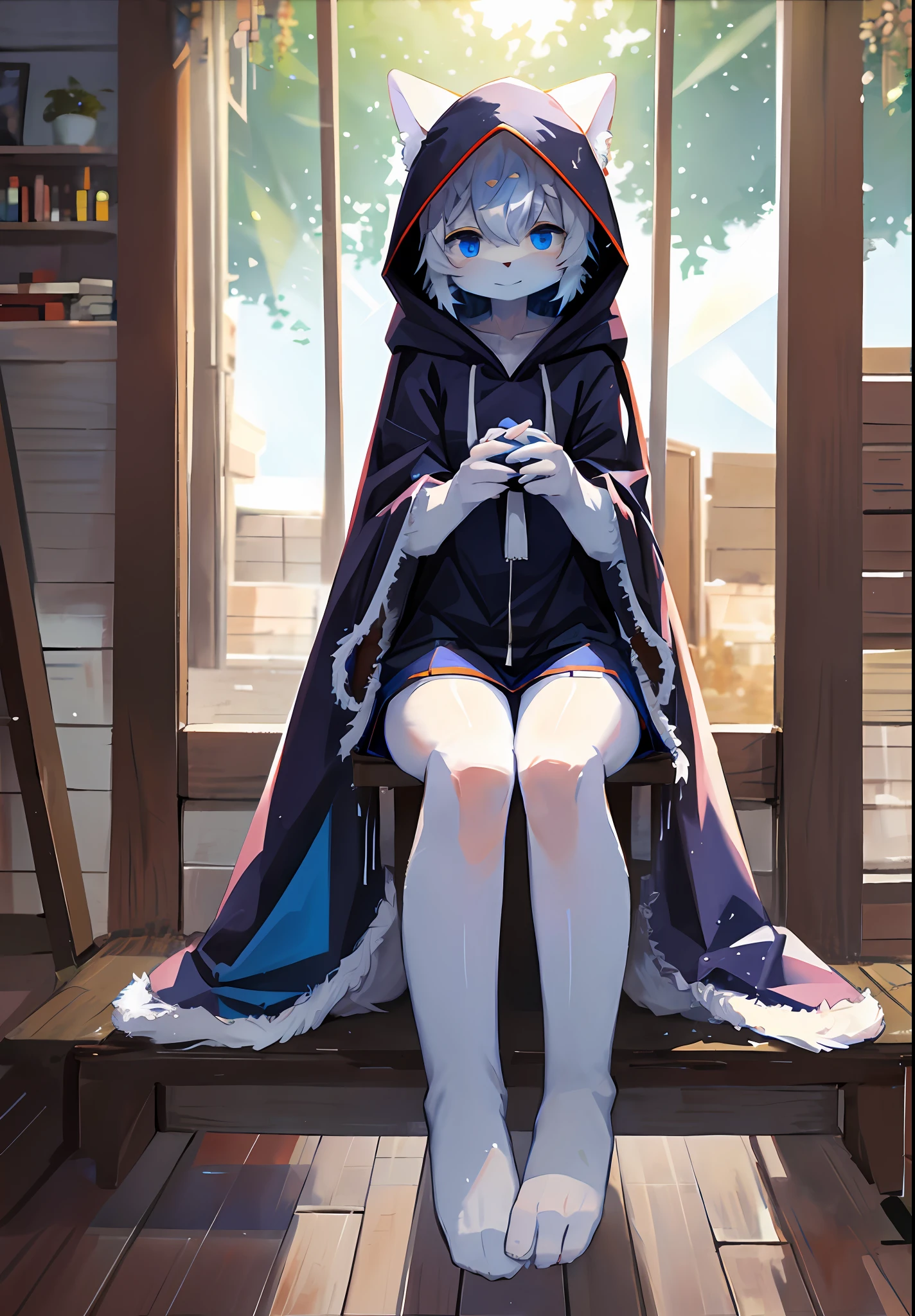 (masterpiece:1.3), (2D:1.0), (anime:1.0), (illustration:1.0), (sharp:1.2), (hard light:1.0), (shadow:1.0),(reflection, refraction:0.8), (light rays, dappled light, light glare, lens flare, Tyndall effect:1.0), (clear, shiny:1.0), (best quality:1.2), (ultra-detailed:1.0), (extremely intricate:1.0), (blurry foreground,cinematic light,ray tracing:1.1), (bright_colors,dark_intense_shadows:1.1), (impasto,colorful:1.2), (warm_light_from_below,glow_white_particles:1.1), (Ensemble_Stars!_\(style\):0.95). wolf_boy,anthro,uploaded_on_e621,solo,upper_body,cowbow_shot,male_focus,furry_kemono,furry_male,cub,young_male,bishounen,11_years_old,kawaii,cute,fancy,fragile,cool,handsome. detailed_fluffy_fur,tuft,(white_fur,body_fur,oil_skin,skin_with_fluffy_fur:1.3),animal_nose,animal_ear_fluff,fluffy_paws,pawpads,animal_hand,fluffy_big_tail. blue_clothes,(hooded_cloak,hood_up:1.5),male_short_hair,white_hair,blue_eyes,one_eye_closed,bangs,closed_mouth,smile,light_blush,hands_up,holding_star,bottomless,(knees_together_feet_apart,sitting:1.2),looking_at_viewer. (night,starry_sky,crescent_moon,star_\(sky\),gem,plant, star_\(symbol\),sparkle),outdoors, scenery.