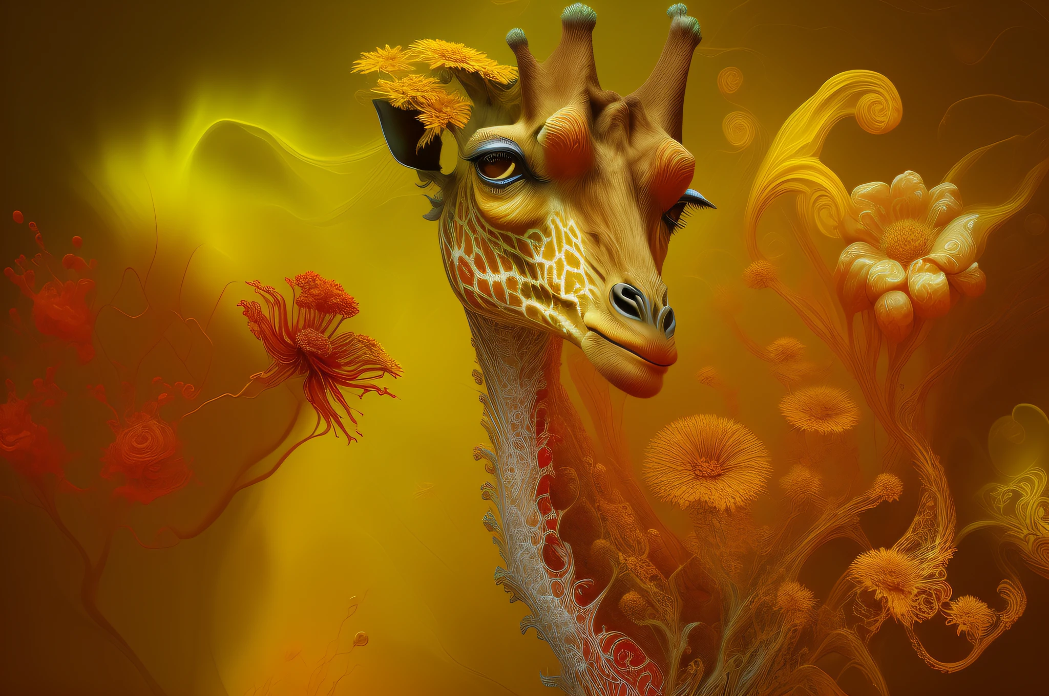 there is a digital painting of a giraffe with a yellow and red flower, the brittle. digital painting, orange yellow ethereal, fractal veins. dragon cyborg, soft organic abstraction, digital art extreme detail, digital art”, digital art ”, organic acrylic flow art, fractal veins. cyborg, intricate flowing paint, flame fractal, jelly - like texture. photograph, fine digital art