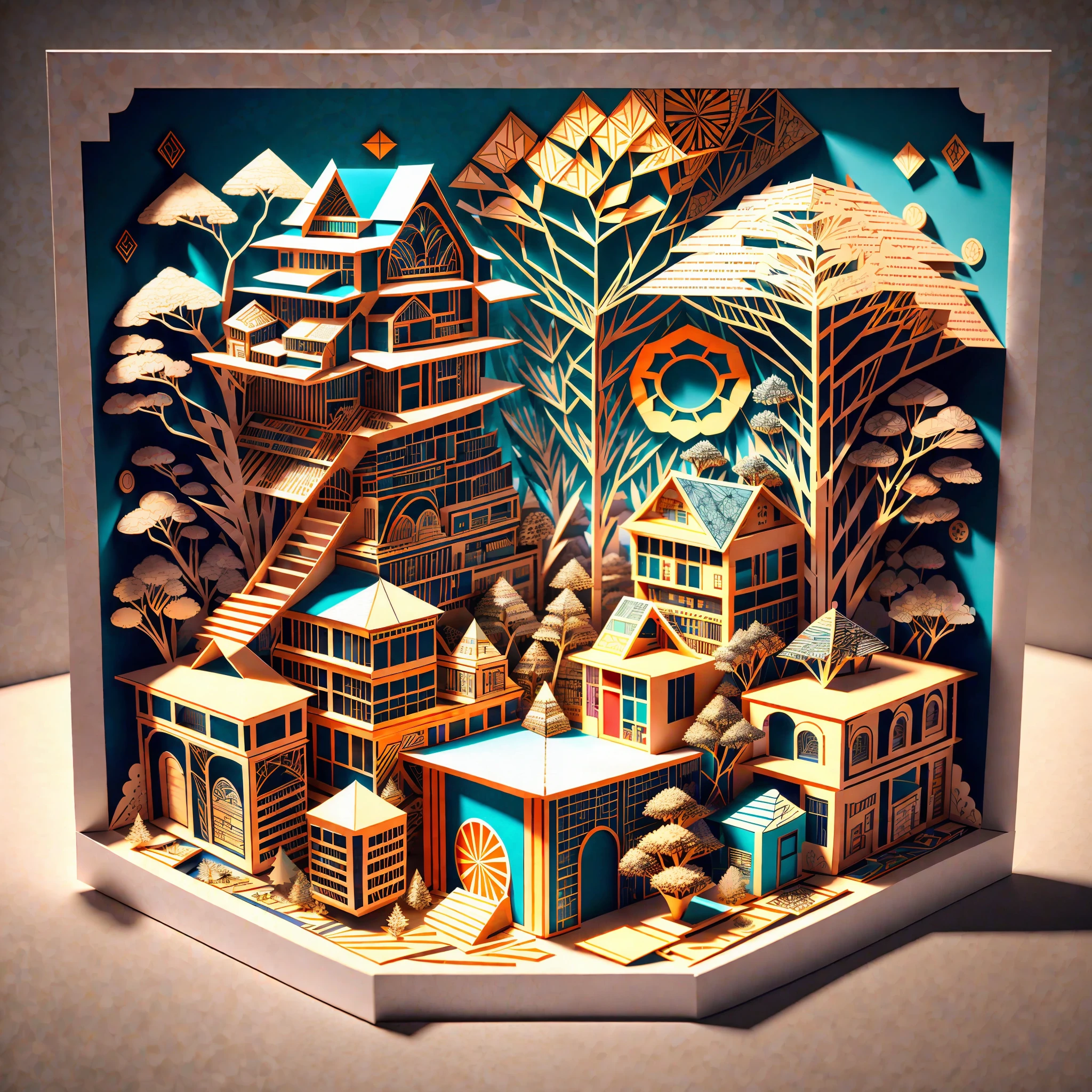 Centered image. ai by v. Hypermaximalist Multi dimensional, infinite papercut and infinite layered paper Japanese Kirigami craft diorama. Depth of field, 3d, the destruction of Cyclone Tracy, realistic, intricate detail, Bohemian Pallete, 32K render. rectangular shadow box frame --auto --s2