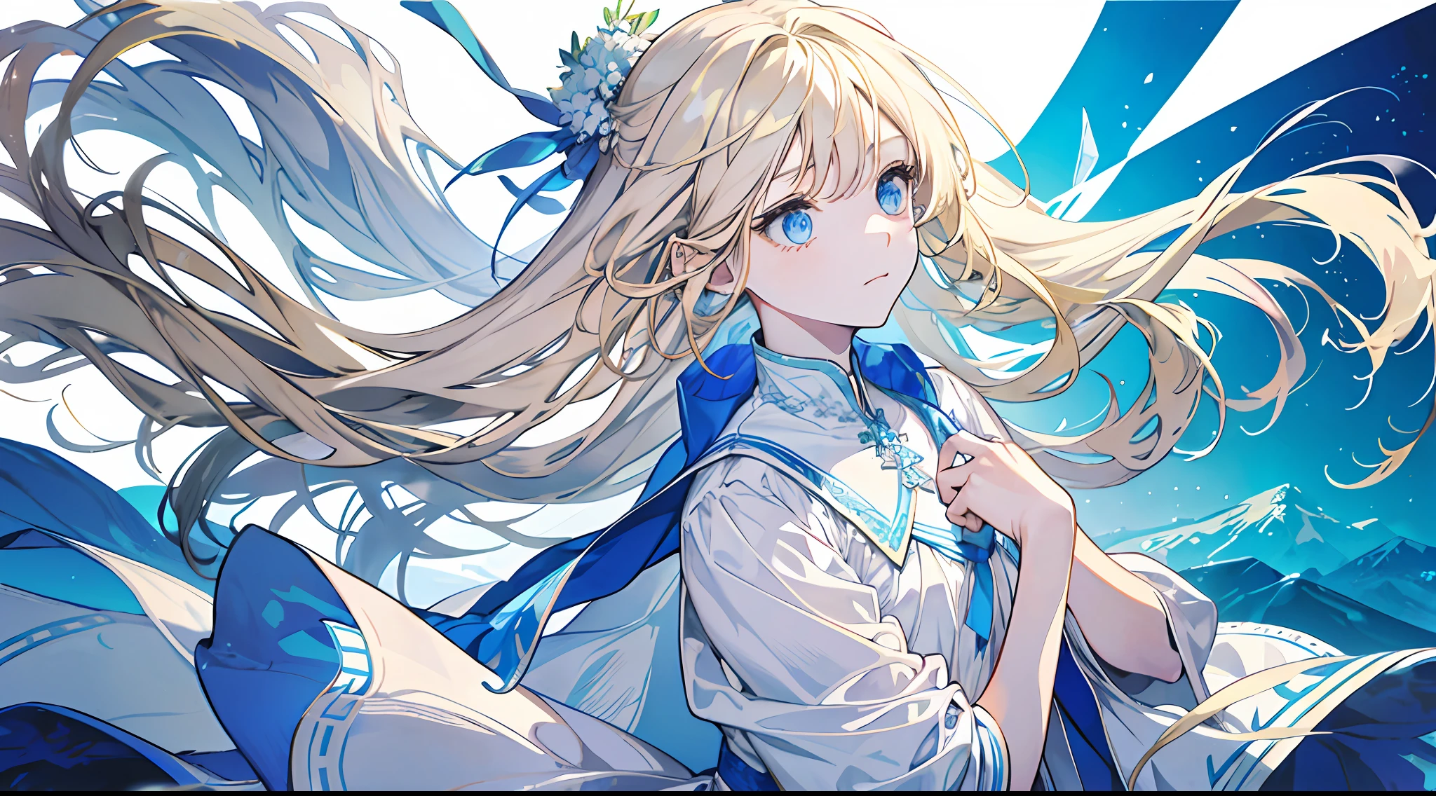 A , beautiful, otherworldly, elegant, full body, long blonde hair, simple dress, white and blue long dress, western medieval town, square, gentle, extreme details