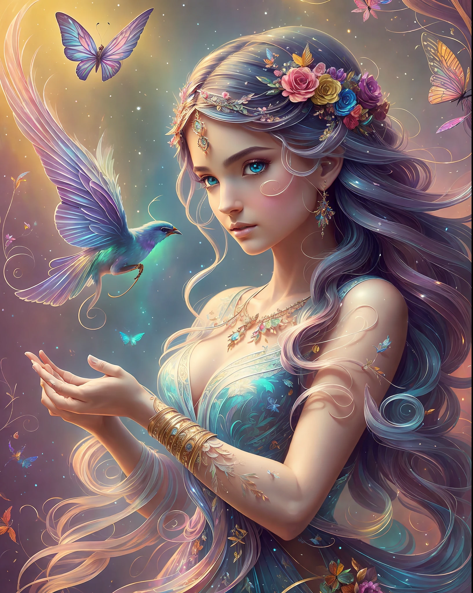 (((masterpiece))), (((best quality))), ((ultra-detailed)),(highly detailed CG illustration), ((an extremely delicate and beautiful)),cinematic light, Create a stunning fantasy artwork that mimics the style of currently trending masters of the genre. The art piece should contain elements of both mythic fantasy and fairytale fantasy with colorful accents. The character in the artwork is a delicate but strong figure with an aura of mystery and magic. The character should be petite with subtle breasts. Pay close attention to intricate facial features, such as mesmerizing eyes with vibrant colors and delicate shading. The character's clothing should be designed with gossamer feathers, silk, stunning embroidery, and subtle iridescent details. Incorporate vibrant colors, dynamic lighting, and detailed background elements to create a sense of awe and immersion. Include colorful flying magical birds and jewel-toned butterflies radiating a magical aura. Consider the latest trends in fantasy art, such as incorporating unique lighting effects, exploring dynamic and compelling composition techniques, and experimenting with unique color palettes. Take inspiration from the top artists on ArtStation and Midjourney. Camera: Choose an angle that highlights the character's beauty and enhances the magical majesty of the artwork. Lighting: Utilize atmospheric lighting techniques to create depth and mood. Resolution: Aim for a high-resolution artwork to showcase intricate details and clarity. Art Inspirations: Seek inspiration from the trending artists on ArtStation, exploring different styles, genres, and themes.