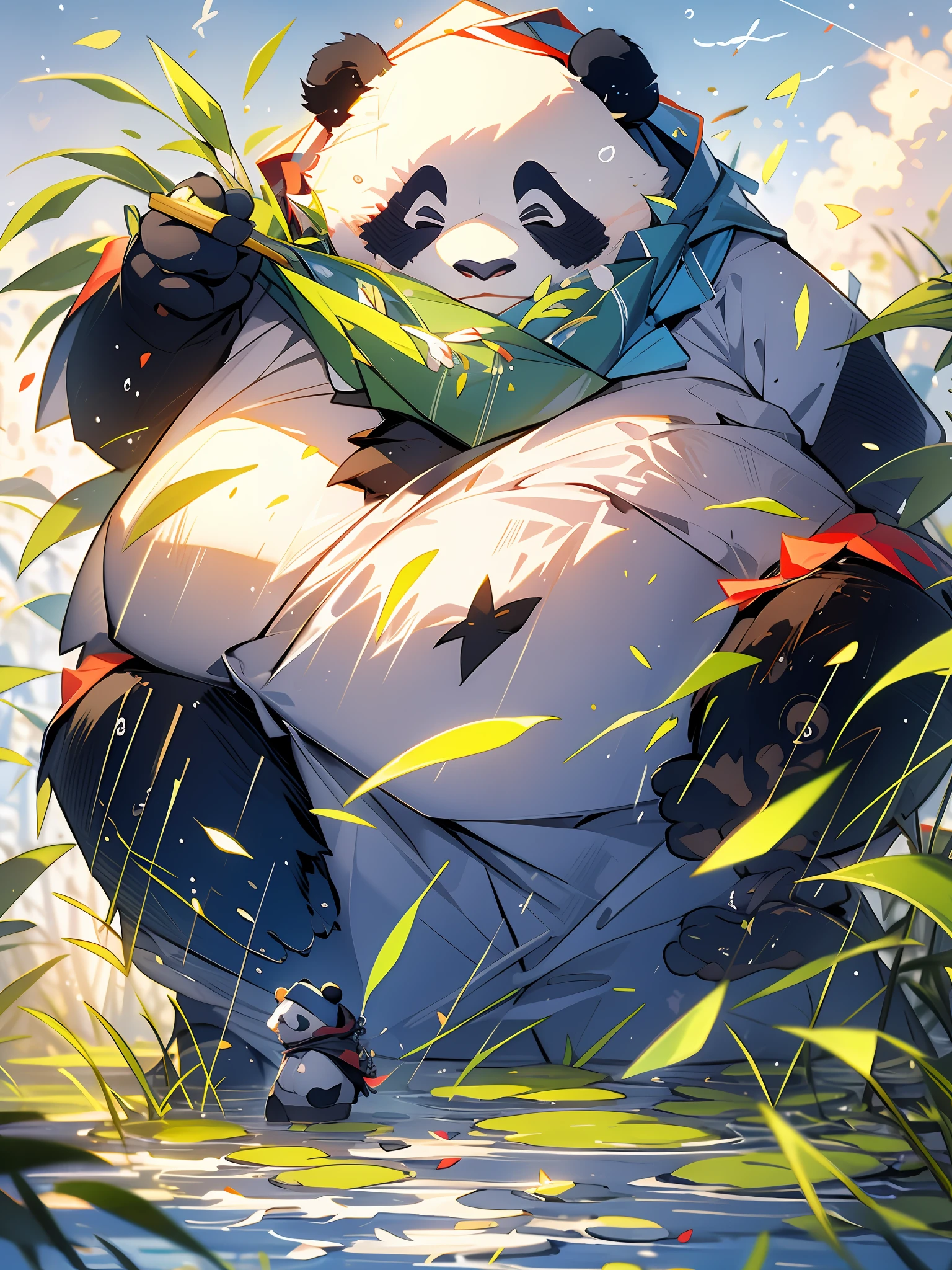 MG xiongmao,1 a chubby panda,sky,cloud,outdoors,solo,hat,furry,grass,leaf,closed eyes,cloudy sky,petals,standing,scarf,no humans,Moon,at the bottom of the water,Bubble,