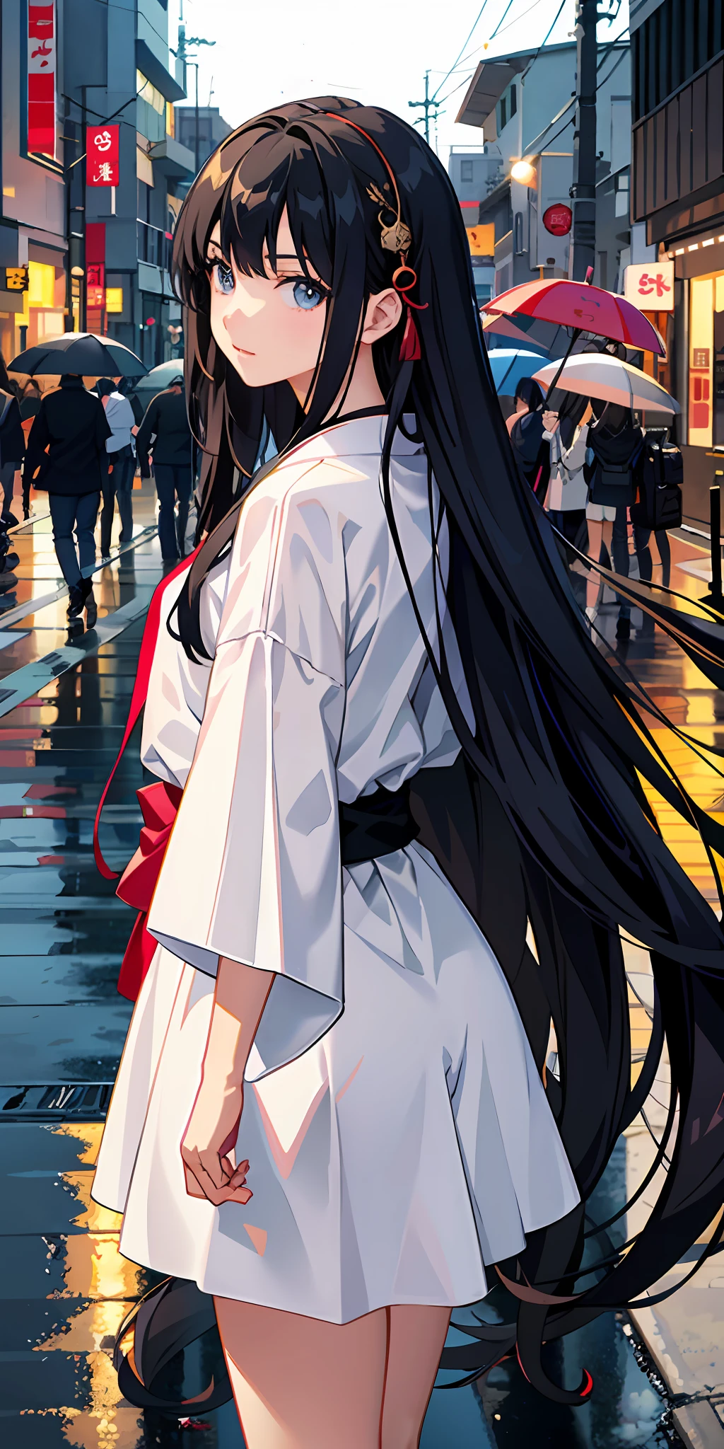 Japanese manga heroine, two-dimensional girl, anime girl, long hair, side face, furry hair accessories, side face girl, street background, rainy day, pure, cute girl, white top, black jeans, delicate eye portrayal, beautiful hair, masterpiece, best quality, (very detailed CG unified 8k wallpaper), (best quality), (best illustration), (best shadow), Peter Mohr Backer's art,