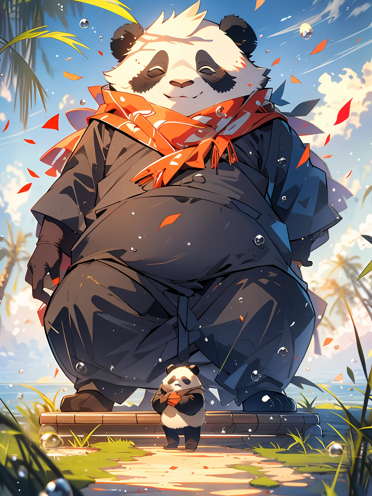 MG xiongmao,1 a chubby panda,sky,cloud,outdoors,solo,hat,furry,grass,leaf,closed eyes,cloudy sky,petals,standing,scarf,no humans,Moon,at the bottom of the water,Bubble,