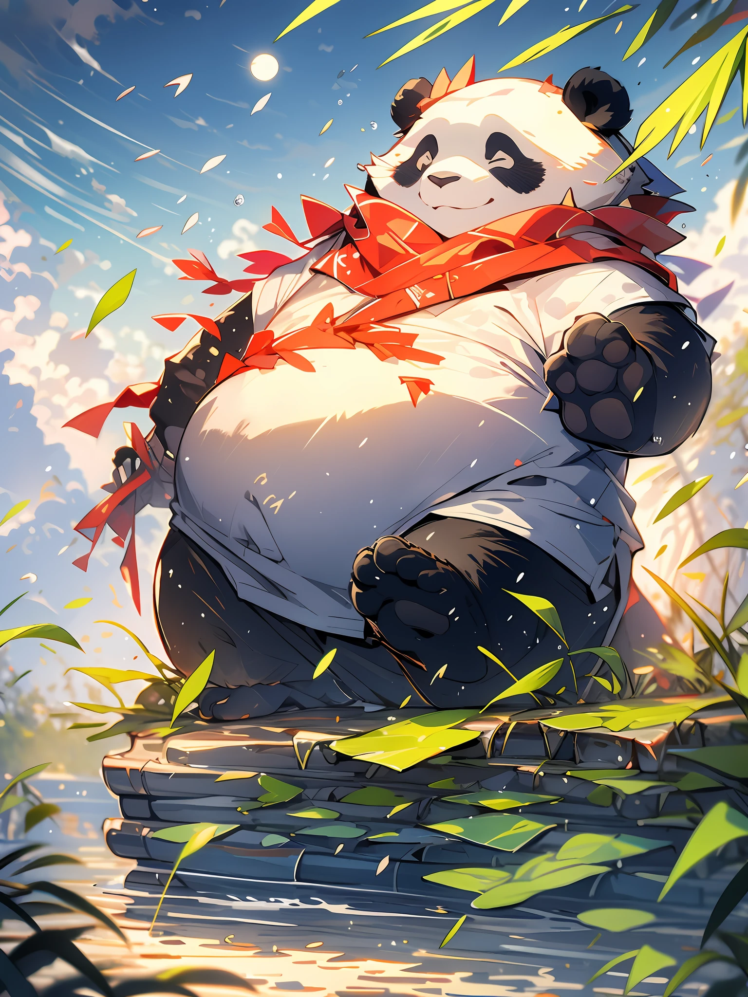 MG xiongmao,1 a chubby panda,sky,cloud,outdoors,solo,hat,furry,grass,leaf,closed eyes,cloudy sky,petals,standing,scarf,no humans,Moon,at the bottom of the water,Bubble,