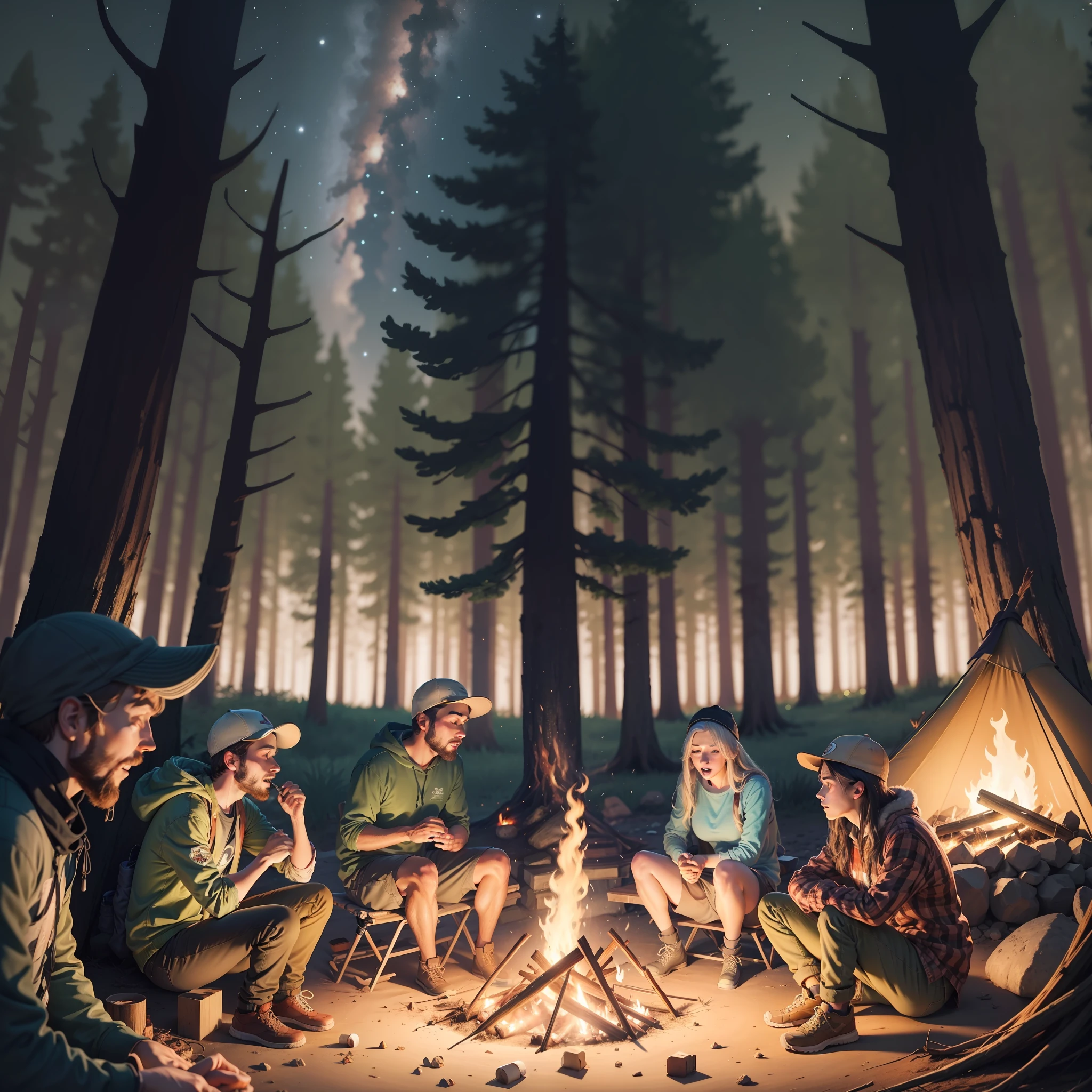 Realistic image of 20-somethings, drunk around a campfire in a campsite in the middle of the night forest, night darkness