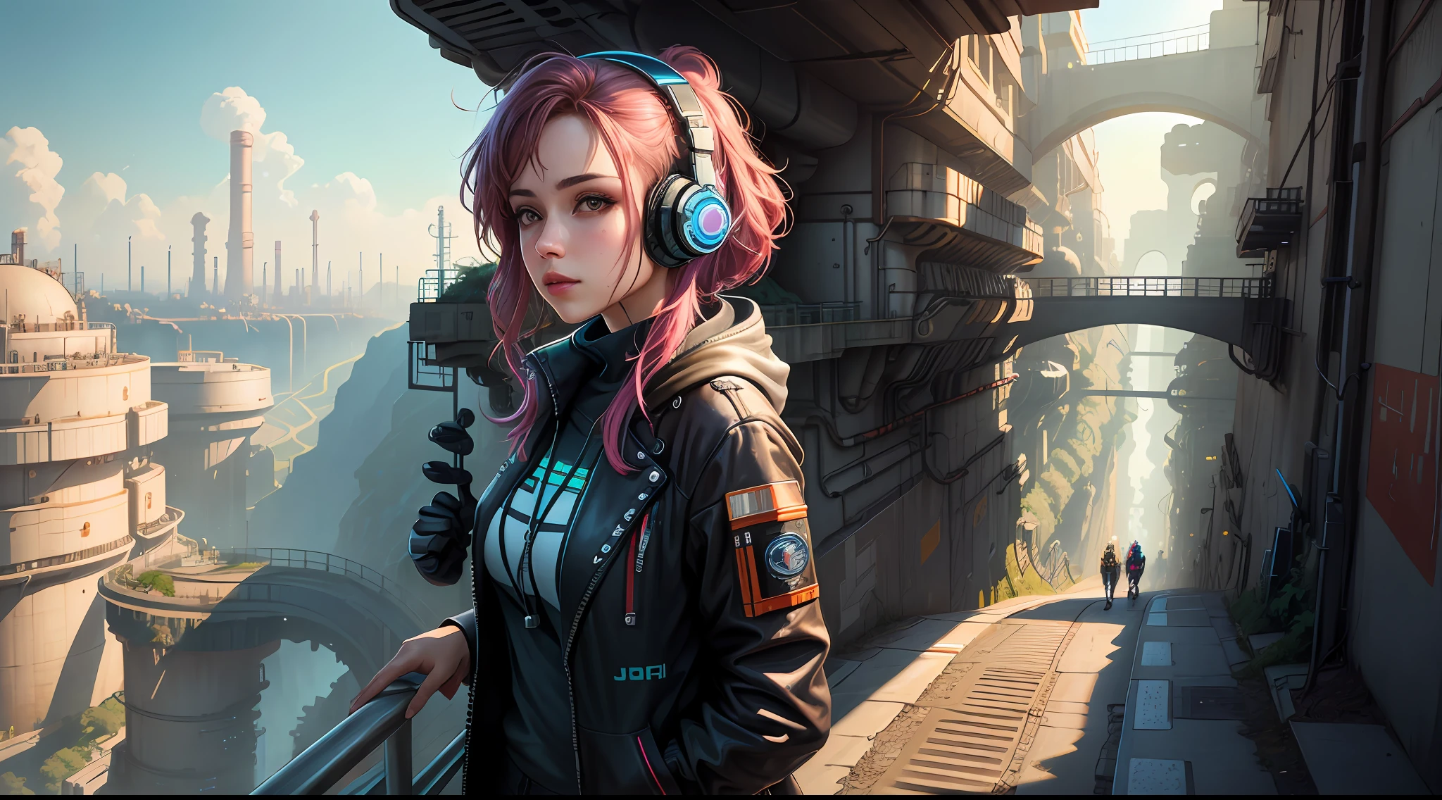 girl with headphones, solo girl, sci-fi cyberpunk city, bridges, deep ravine rift in the middle, terraced streets, reactors, breeder, oil refinery, cars, sunny days, industrial architecture, masterpiece, best quality, high detial, hyper realistic