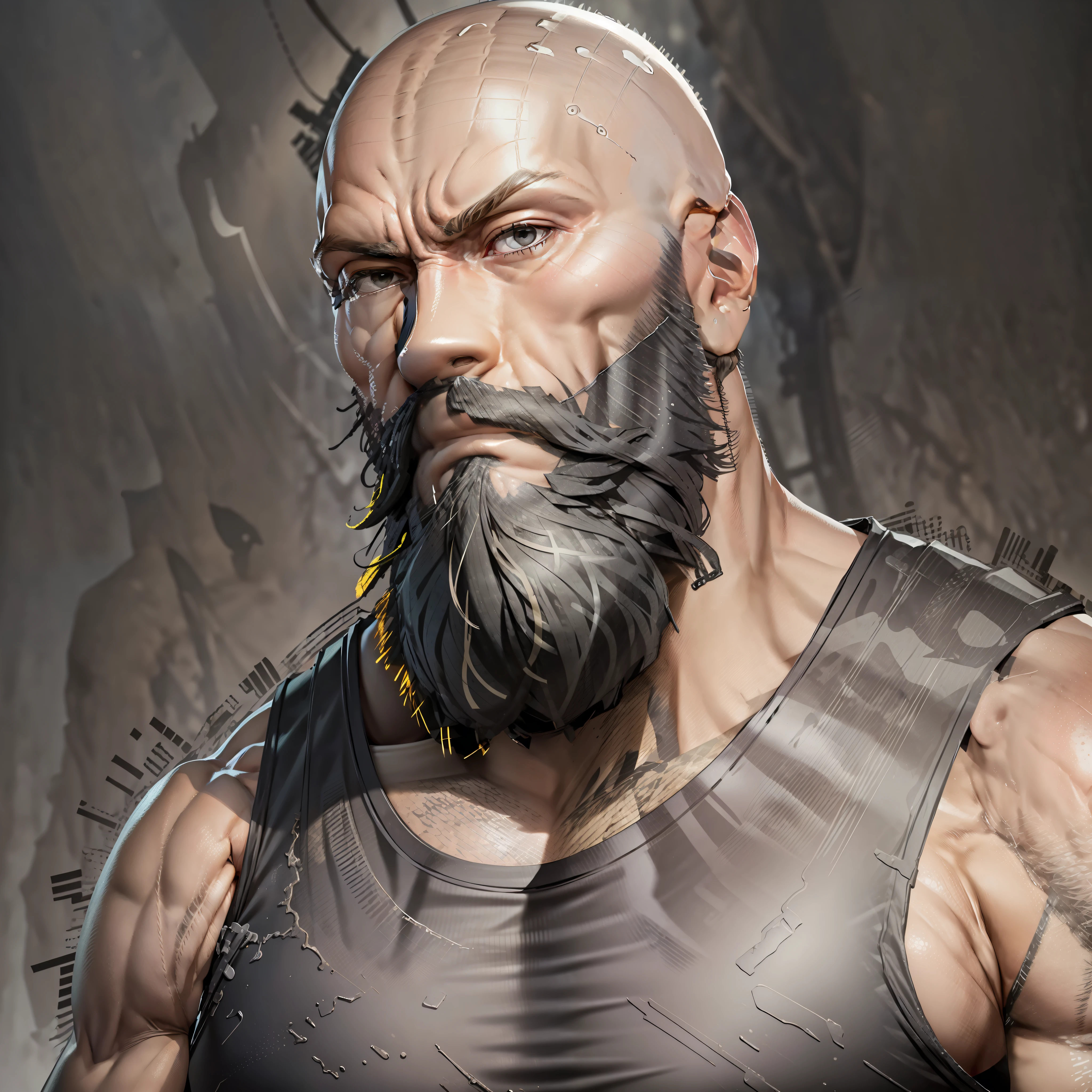 A man ((bald)),((long beard )),wearing ((black tank top)),((camouflaged pants)), (((close-up on face))