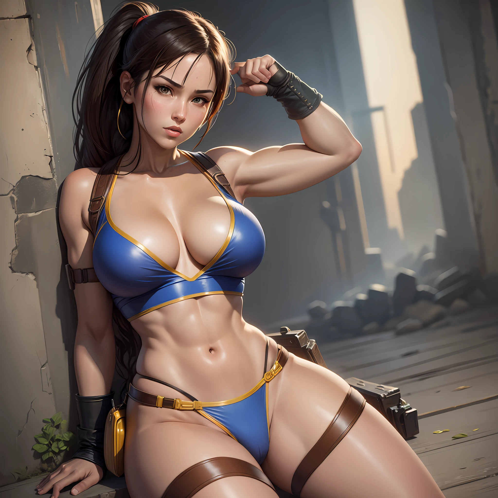 Lara Croft as Chun Li Sitting Body Mignon, Face HD 8K 4K Best Quality --auto --s2