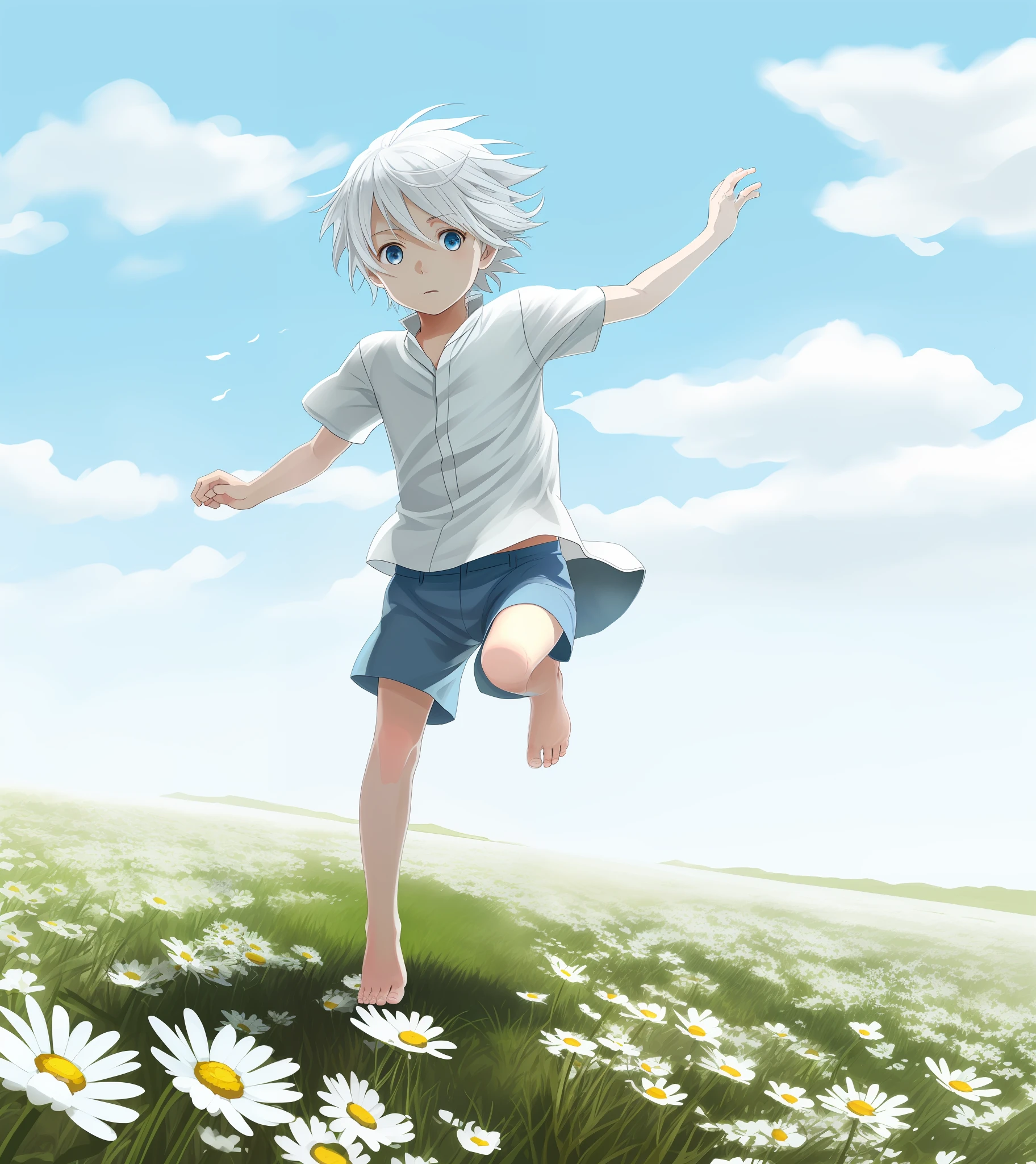  Shota running with white hair, blue eyes, barefoot and barefoot in the sea of daisies
