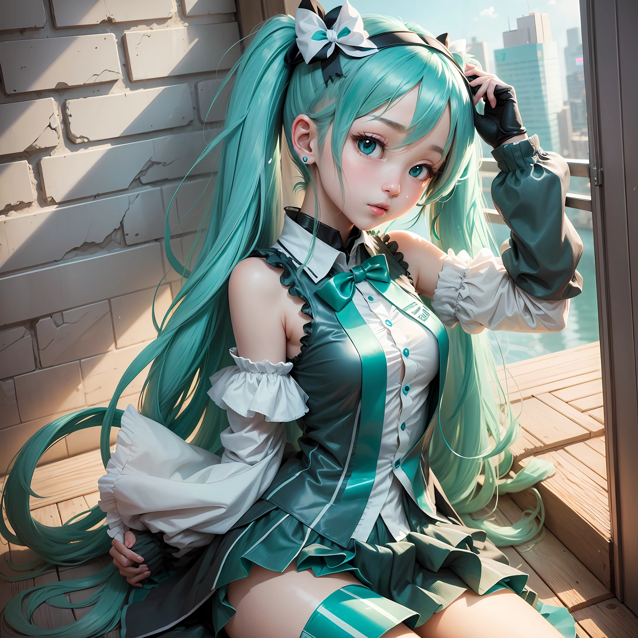 Hatsune Miku, anime girl, real life girl, very delicate face, peeking out from the wall, cute, Hatsune Miku, long twin tail, kawaii, full body --auto --s2