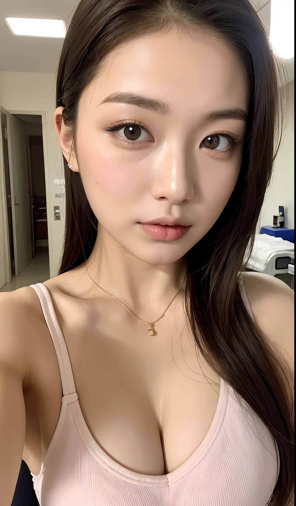 (masterpiece:1.2), (ultra detailed:1.0), 20 year old girl, tareme, large breasts, looking at viewer, nomakeup, blurry background, hospital, (nurse:1.0)