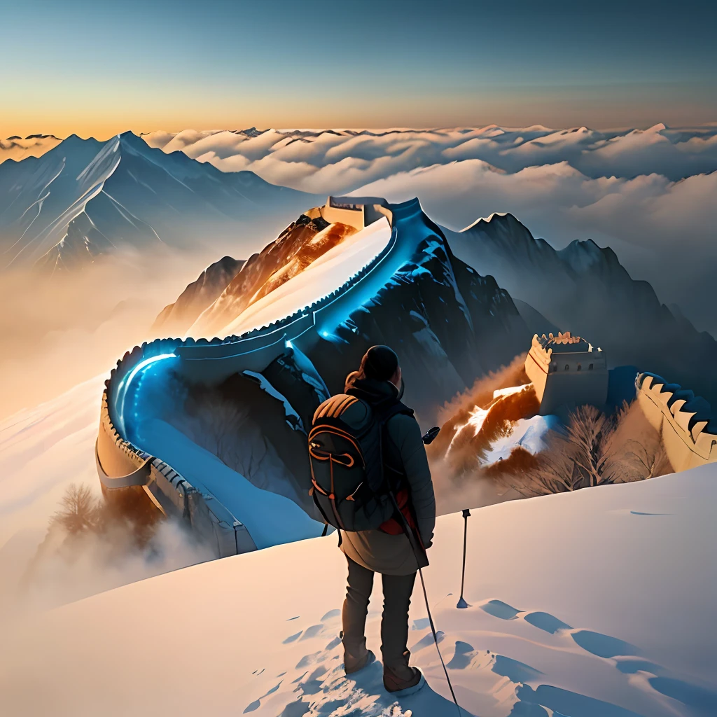 The Great Wall ，a man stands at the beginning of the screen with its arms outstretched and its back facing the screen, carrying an OIWAS backpack on its back. It occupies the center of the screen, leaving half of the space above, and the Great Wall extends into the distance. In winter, it snows.