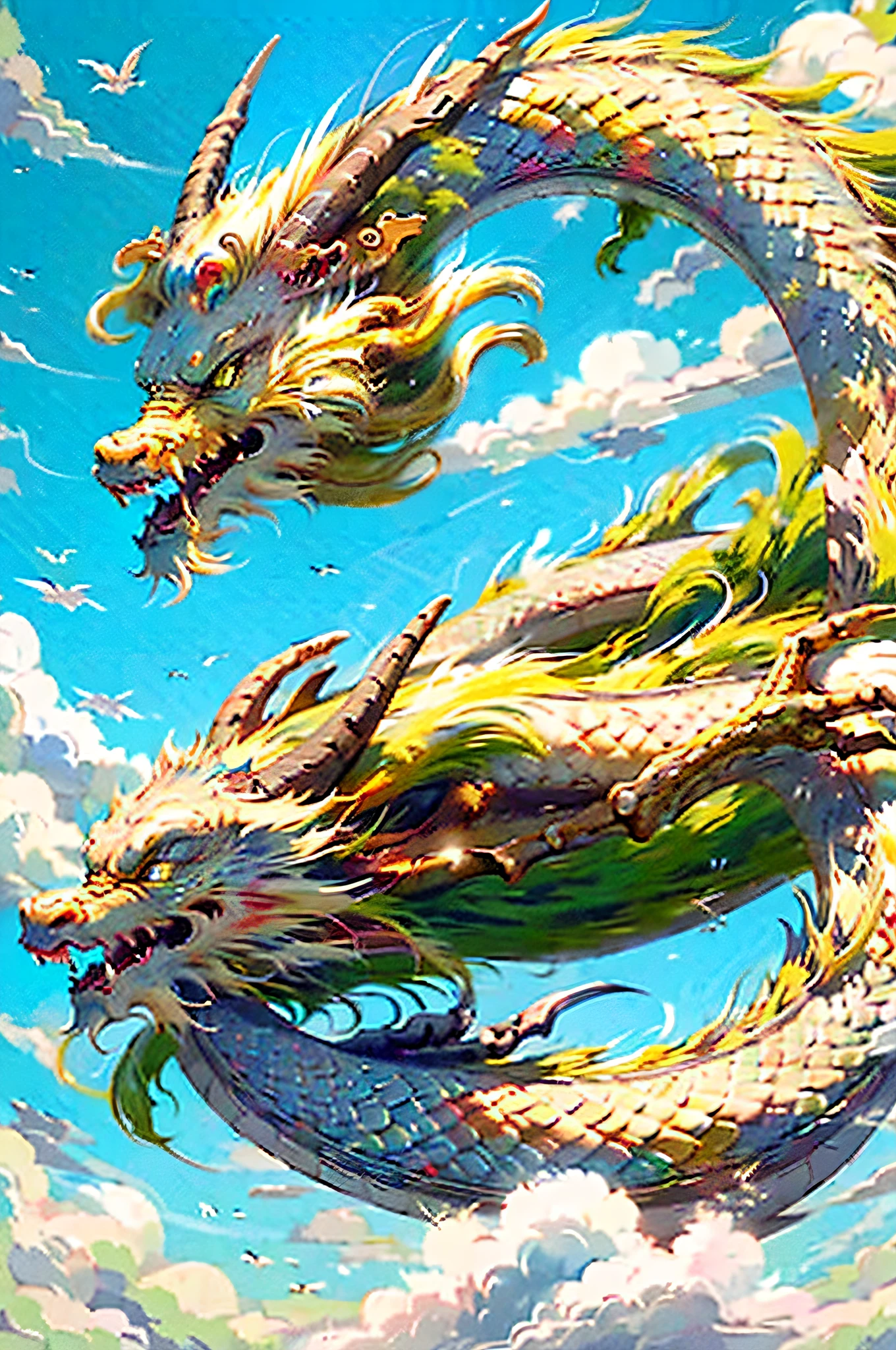 Best quality,masterpiece,ultra high res,nu no humans, (long:1.2),sky, yellow eyes, cloud, scales, eastern dragon, open mouth, sharp teeth, flying, horns, teeth, day, claws, fangs, blue sky