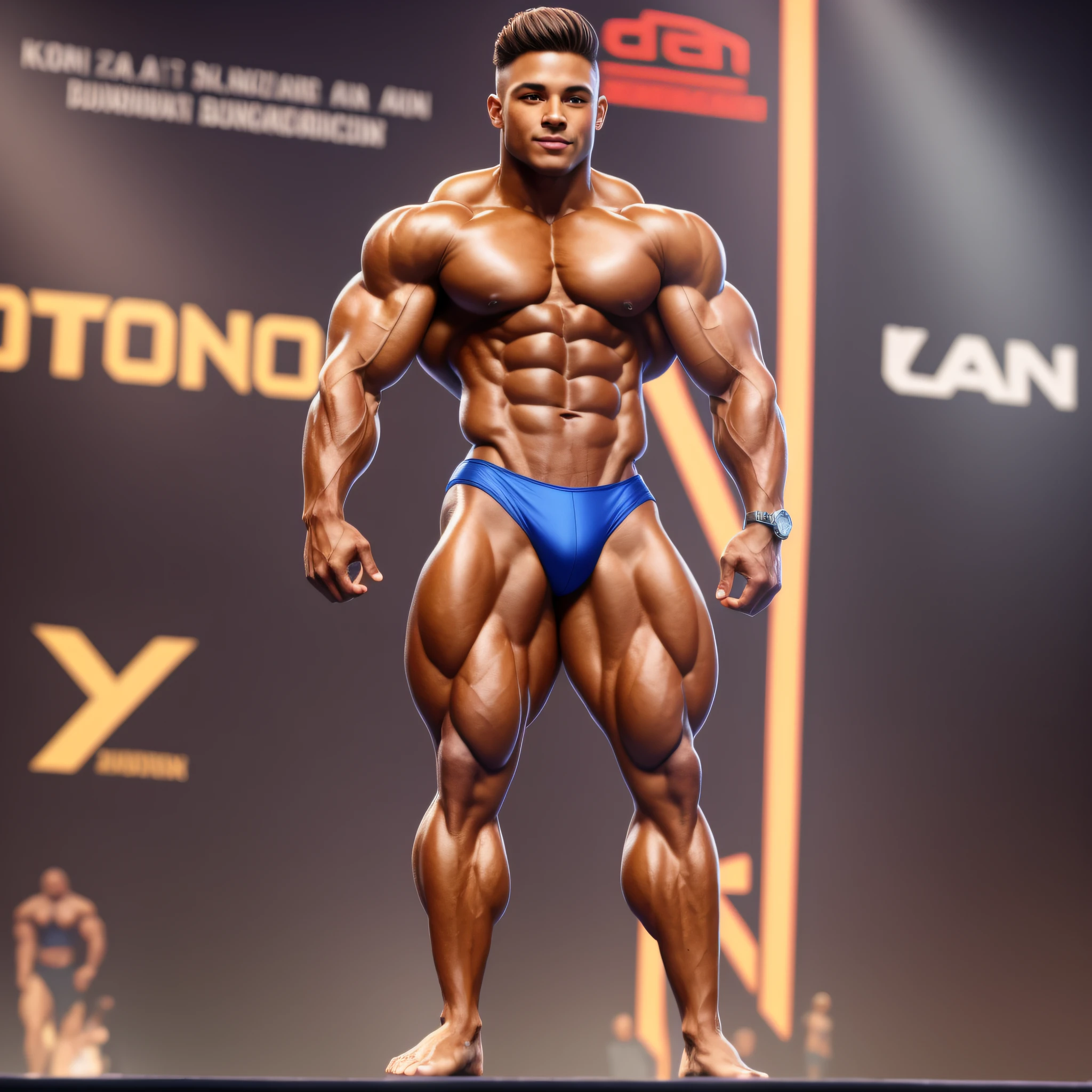 20 year old bodybuilder posing on stage at a competition, bodybuilder physique, super buff and cool, natural physique, hunter labrada, Regan Grimes, dominick niccolai, full body greg rutkowski, ifbb fitness body, Devon Currione, fit physique, bodybuilder posing, (body-sculpted by gods:1.2)
, (very tan:0.8+bronzed skin)
, digital art inspired by Randy Vargas, zbrush central contest winner, flawless anatomy