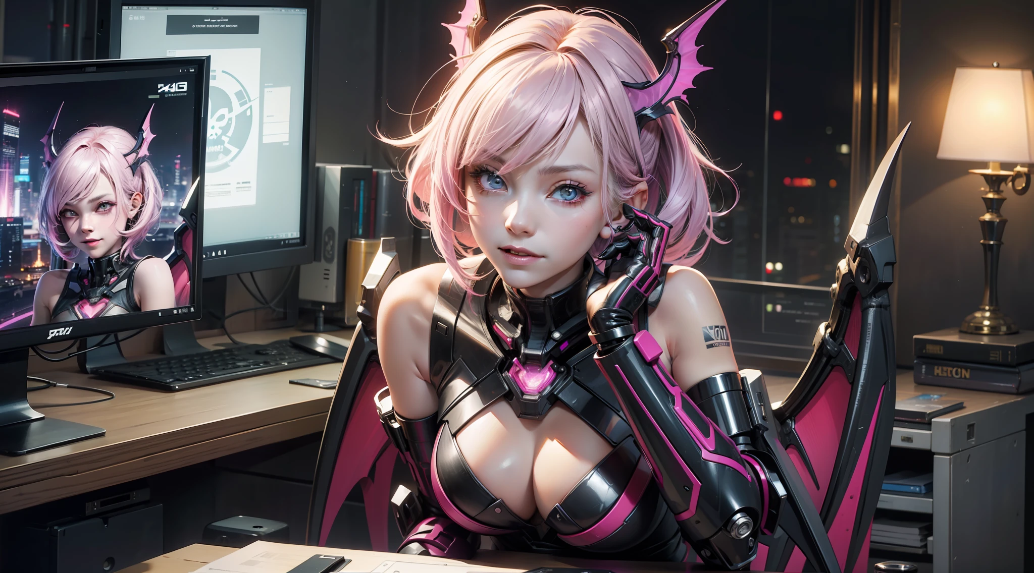 cyberpunk, electric girl, vampire, sleeveless, sexy pose, lilac hair, computer screen, robot gist, skull, bare top, smile, bad smile, bat wings, solo, viewer's gaze, upper body, sitting, (masterpiece, highest quality, highest quality, official art, beautiful and aesthetic: 1.2), viewer watching, detail, complex details, 4K, ultra high definition, Solo Focus, Smooth Anime CG Art, Movie Lighting, Cinematic