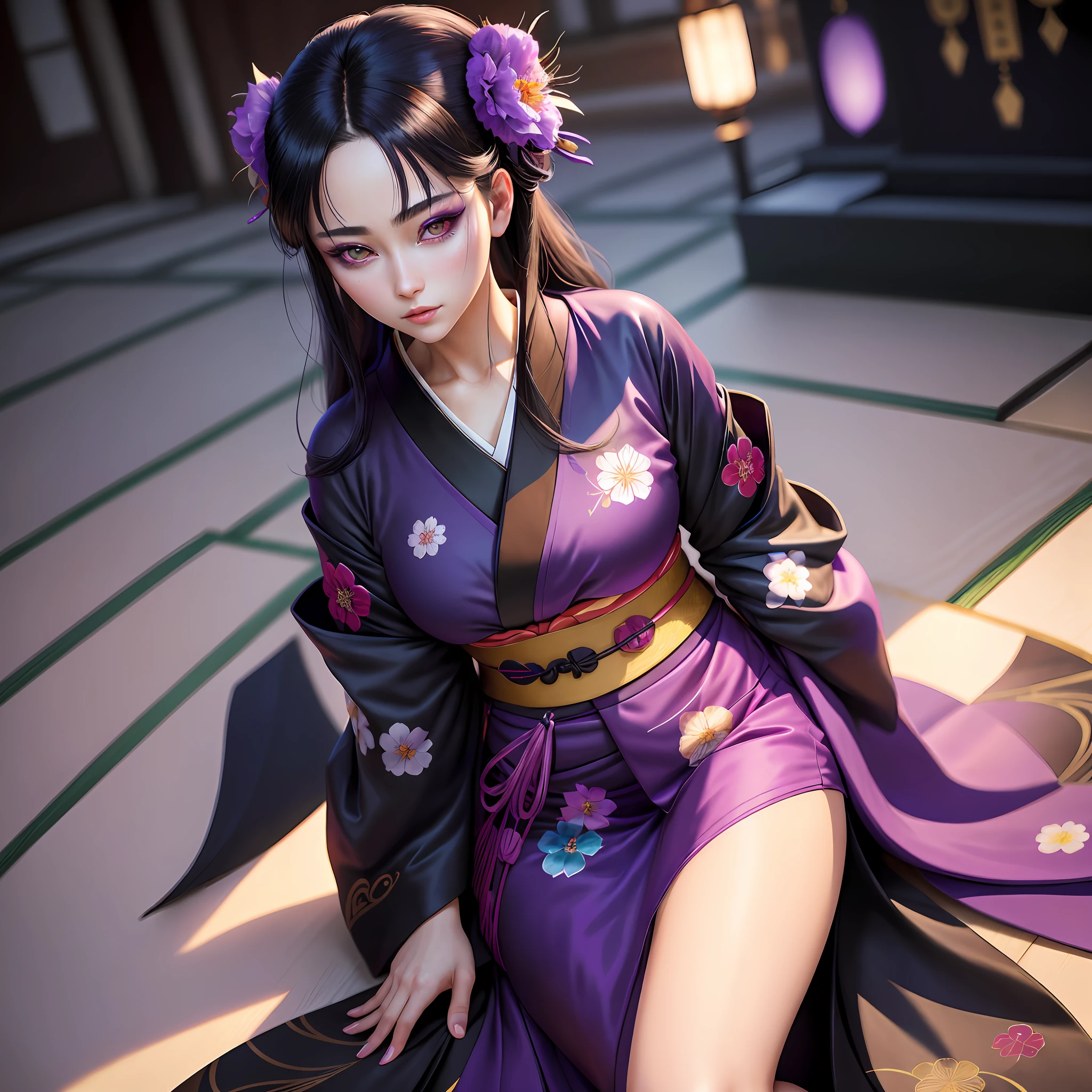 Black hair, purple eyes, and a kimono with little exposed skin ((Realistic manga)), ((Perfect character)), (((Twilight Kimono)): An anime woman wearing a kimono. 30s, moderate fleshiness. Stunning and captivating illustrations. The artwork captures the perfect balance between the detailed features of the character's face and the complexity of the kimono. You can see all of her beautiful eyes, from the sparkle in her beautiful eyes to the highly detailed colors and textures of her irises. The attention to detail in the eyes, makeup, and hair makes for a highly detailed and breathtaking artwork. Scenic, masterpiece. Full body shot.