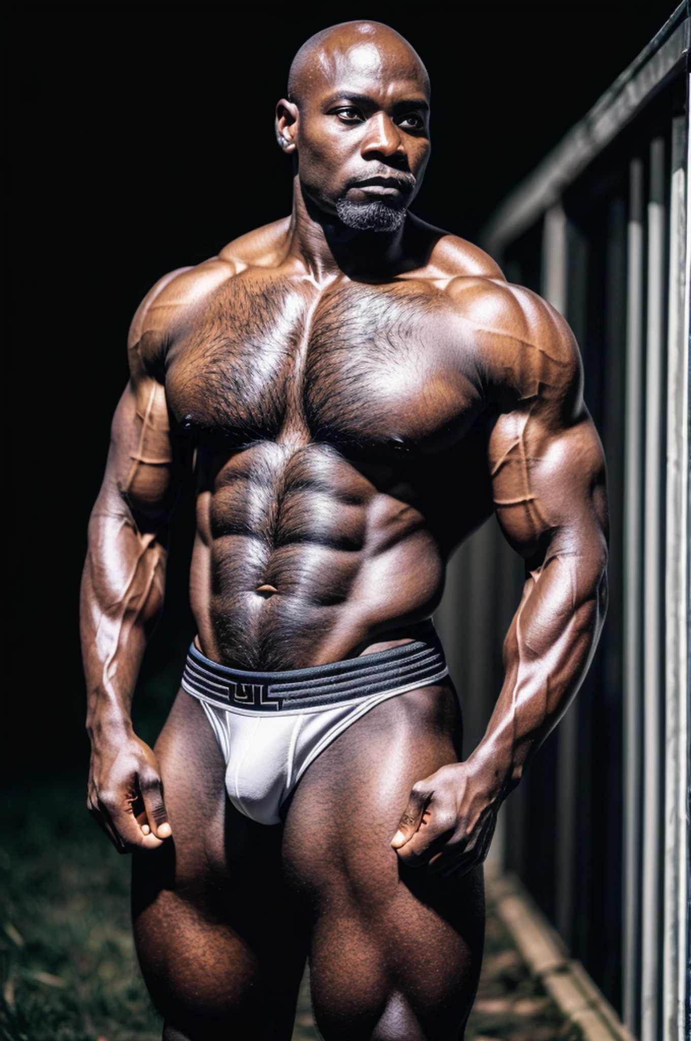 (((1 man) full body, strong an Ugandan man, bald Middle-aged wearing a white jockstrap with a bulge, furry belly, furry legs)), masterpiece, best quality, ultra-detailed, in the wild, outdoor, (night), (, elegant atmosphere, realistic, intricate details)