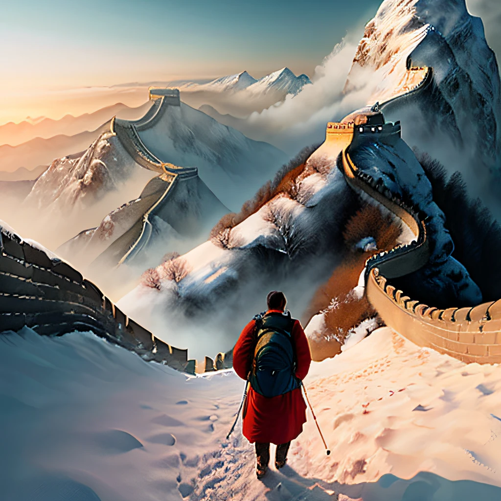 The Great Wall ,a man stands at the beginning of the screen with its arms outstretched and its back facing the screen, carrying an OIWAS backpack on its back. It occupies the center of the screen, leaving half of the space above, and the Great Wall extends into the distance. In winter, it snows.