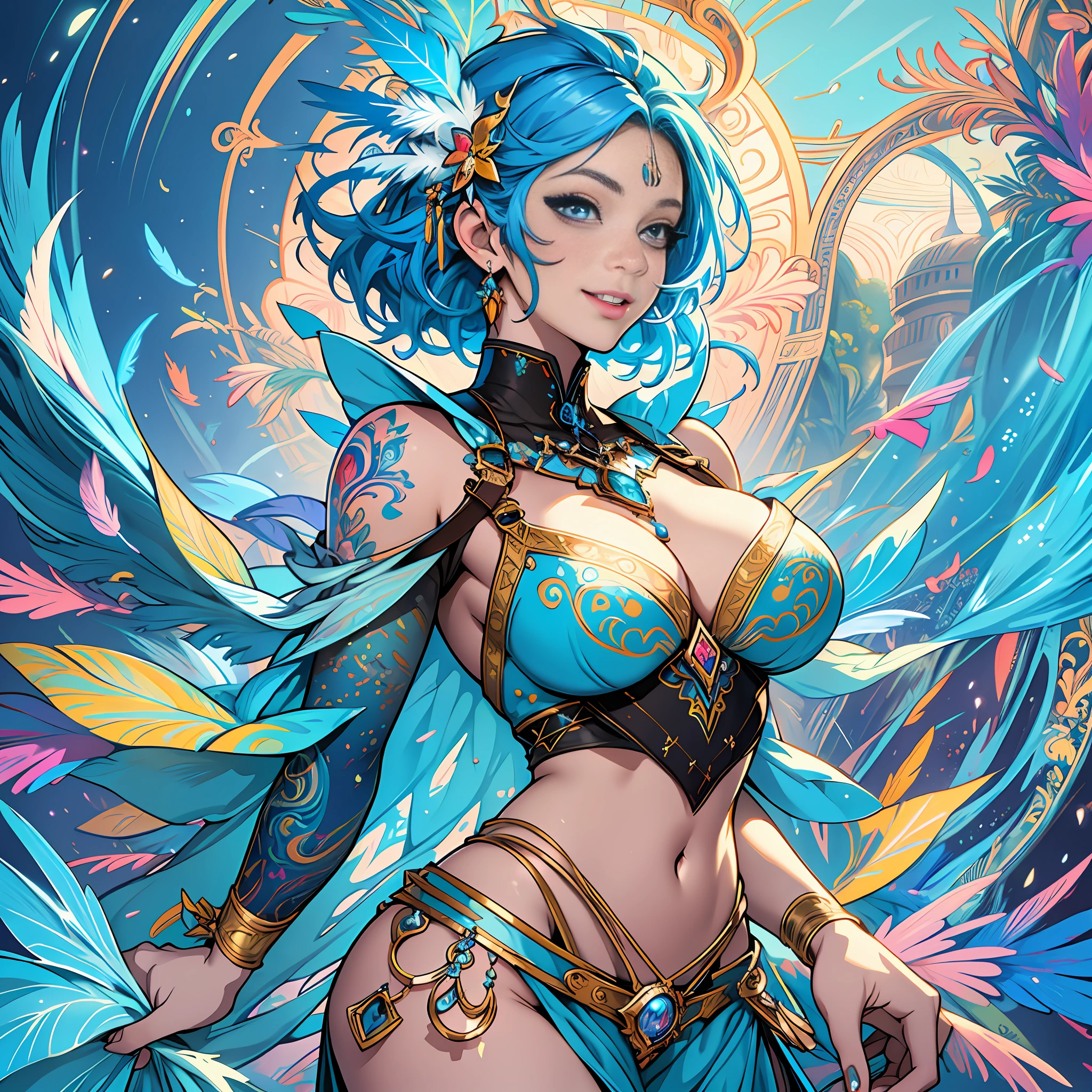 Woman with blue hair and colorful feathers, colorful digital fantasy art, colorful digital art, fantasy art style, beautiful digital artwork, 4K very detailed digital art, big breasts showing a little bit, big eyes, light smile, 8k, very fine face, delicate lips, delicate eyes, double eyelids