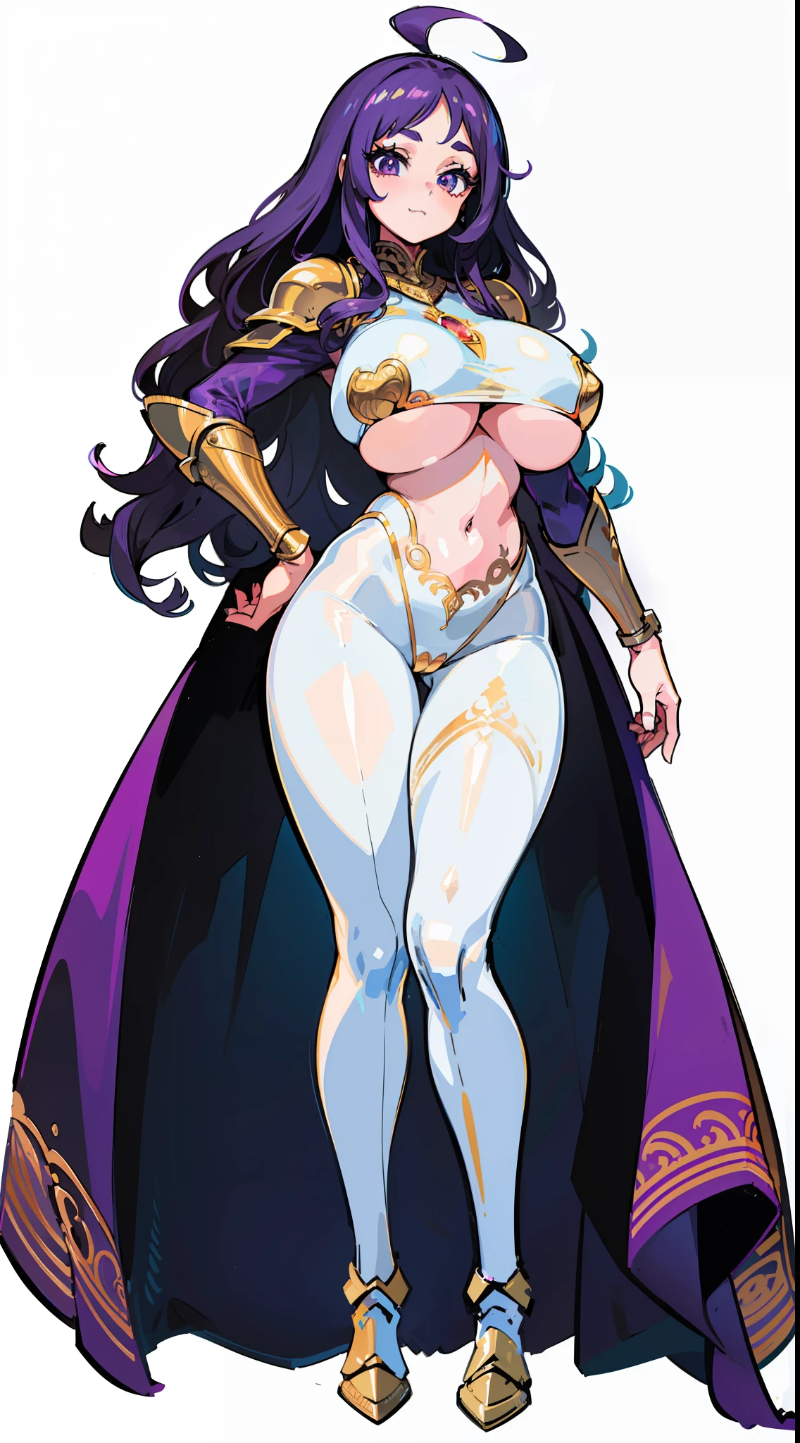 "(masterpiece), best quality, 
1girl, (80s anime style:1.5), (eyelashes:1.5),
(intricate high detailed body:1.2), 
purple hair, 
(forehead:1.2), (long hair, wavy hair:1.1), 
brown eyes, 
(curvy body:1.2), 
(gigantic breasts:1.2), 

light smile, 
(silver embroidery body suit, underboob cutout:1.2), (pantyhose:1.3), 
(knight armor, armored boots, capelet:1.2), 
hand cuffs, hair ornament, 
standing, 
full body, 
(simple white background:1.3)"