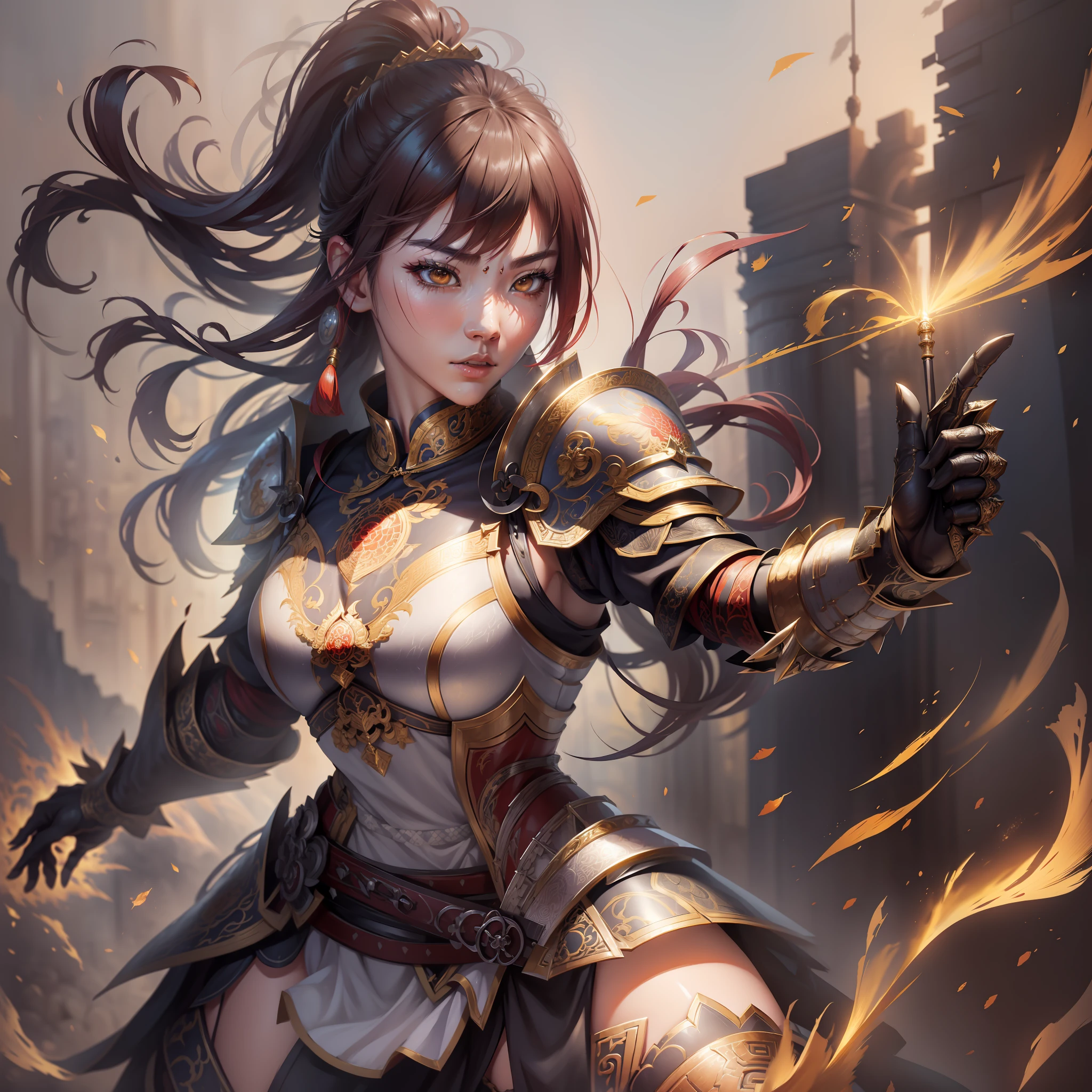 1 Chinese female warrior, ancient armor, blood splatter, fierce appearance, fighting stance, ancient battlefield (very detailed: 1.2), intricately detailed background, particle floating, light, (realistic 1.2), (masterpiece, best quality , High Resolution: 1.4), Detailed, Intricate Details, 4K, Color Splash, Line Art, Art, Fibonacci,