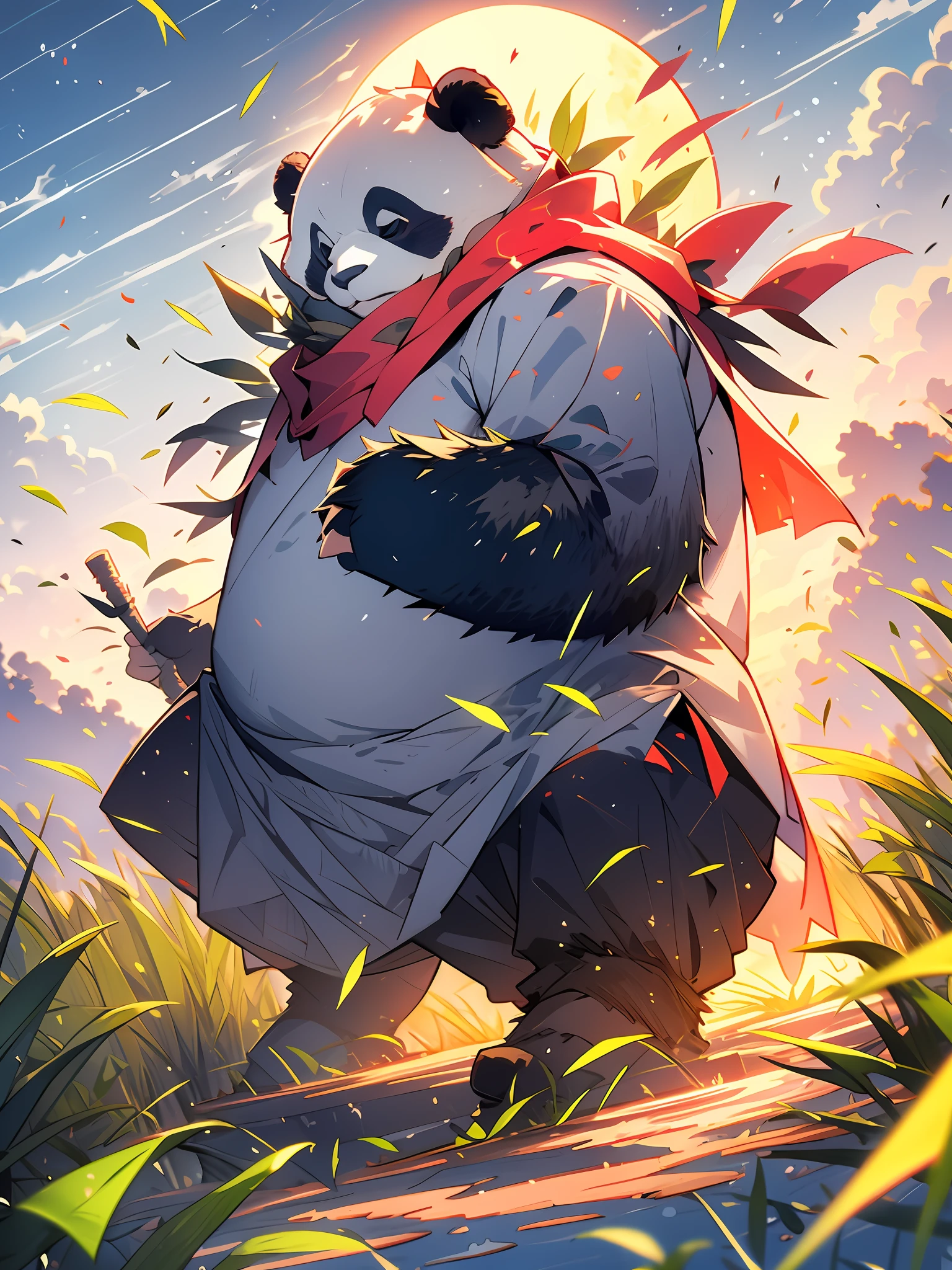 MG Xiongmao, 1 chubby panda, sky, clouds, outdoor, solo, hat, furry, grass, leaves, open eyes, cloudy sky, petals, standing, scarf, no man, moon, under water, bubbles,