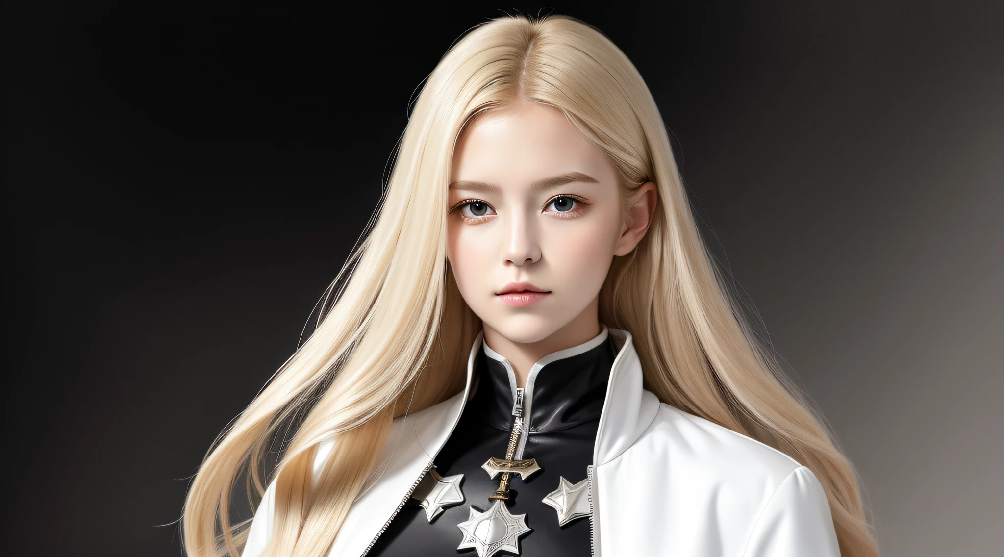 masterpiece, best quality, realistic, girl child hair BLONDE, long hair, SILVER JACKET, broad shoulders, small head, upper body, (white background: 1.3), mouth closed.