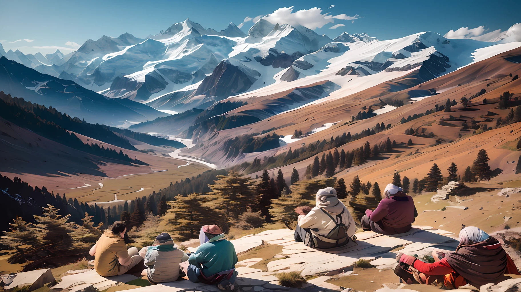 several people sitting on a hill with a view of a valley, cinematic silk road lanscape, max rive, by Alexander Kucharsky, breathtaking himalayan landscape, high in mountains, best on adobe stock, in the mountains, in a mountain valley, alp, by Michael Komarck, alexey egorov, by Aleksandr Gerasimov