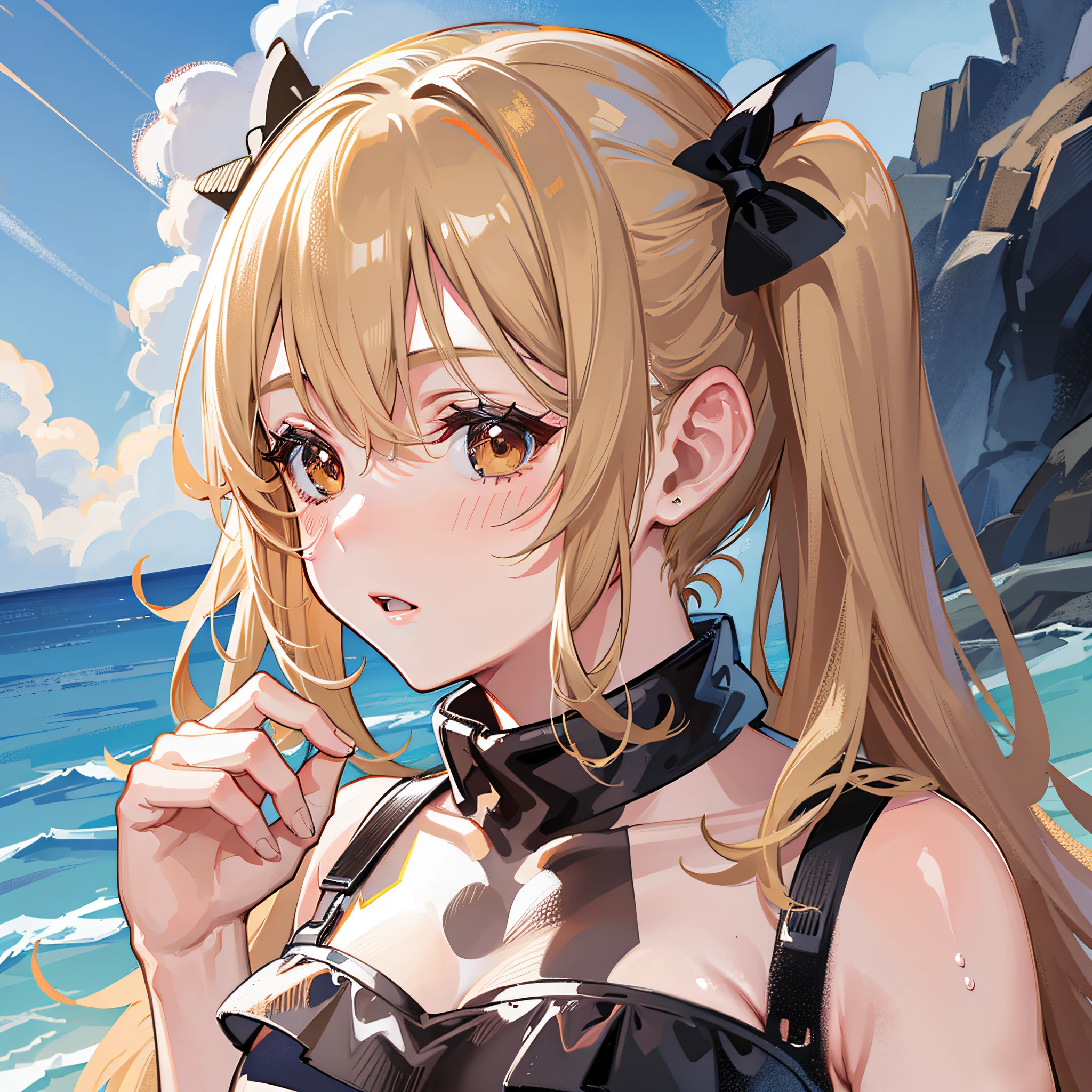 Top Quality, High Resolution, KR1, Brown Eyes, Blond Hair, Sea Polka dot swimsuit Twin tails