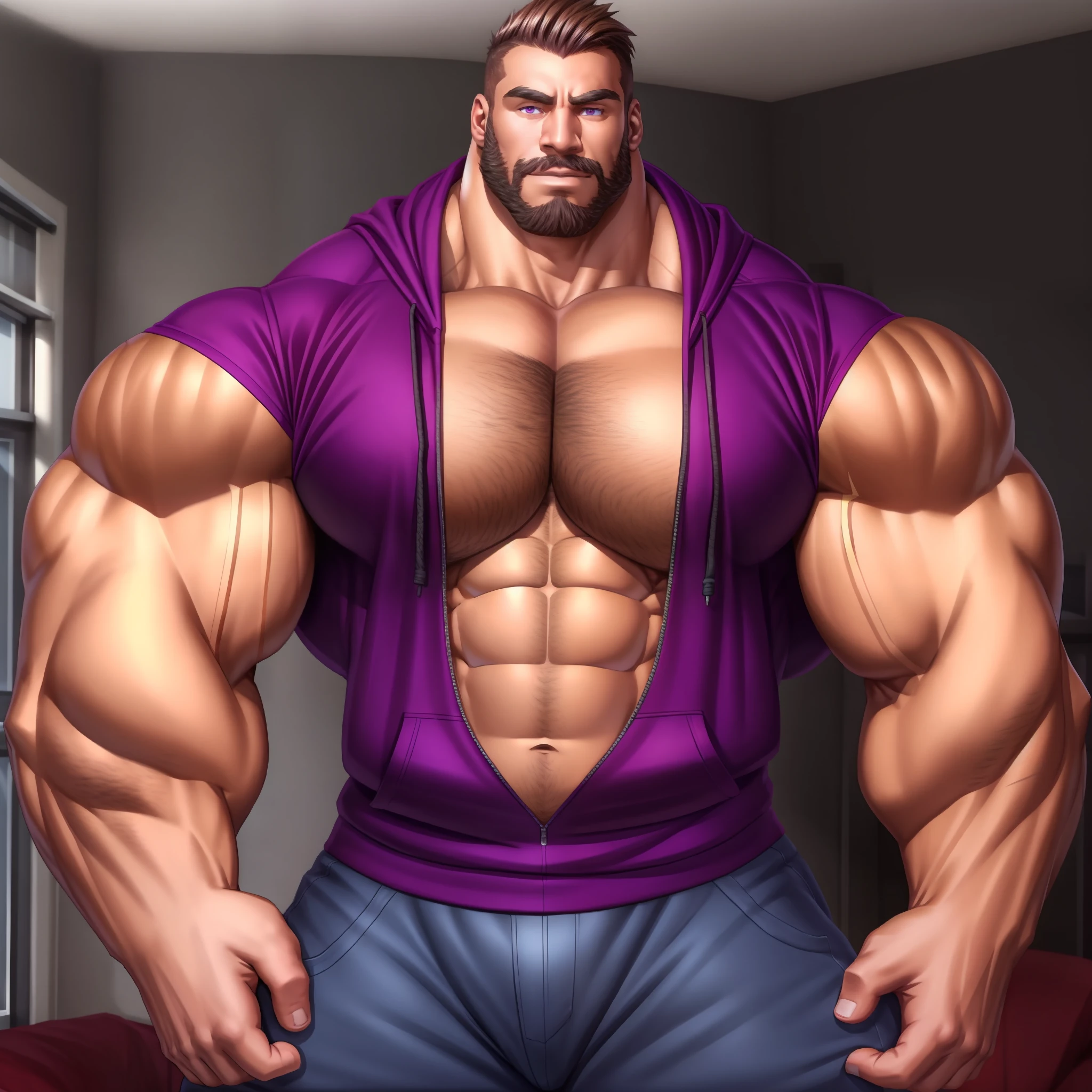 human, gigantic muscle man with gigantic body and gigantic chest wearing black and purple clothing with a hoodie also wearing black jeans, Beard, Brown Short spiky back hair, purple hoodie, detailed eyes, purple eyes, Detailed handsome face, brown tan skin, big muscle, big muscles, absurdly massive physique, massive muscles, large muscles, huge muscles, very beautiful. big muscles, gigantic muscles, bodybuilder, exaggerated muscle physique, exaggeratedly large physique, exaggerated physique, powerful and huge, gigantic arms, gigantic legs, extreme muscles, extremely muscular, exaggerated muscles, sexy, gay, pride, anime, serious