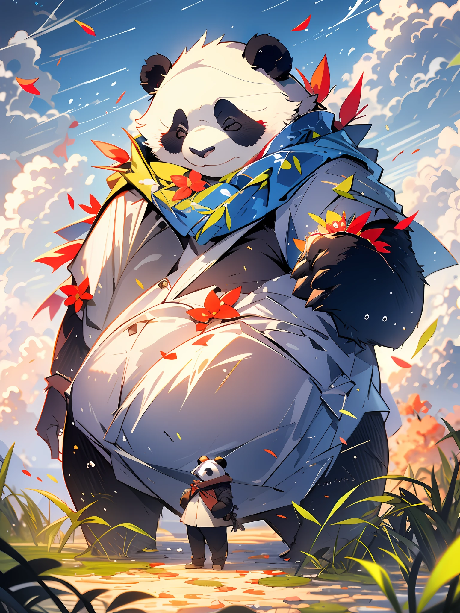 MG Xiongmao, 1 chubby panda, sky, clouds, outdoor, solo, hat, furry, grass, leaves, open eyes, cloudy sky, petals, standing, scarf, no man, moon, under water, bubbles,