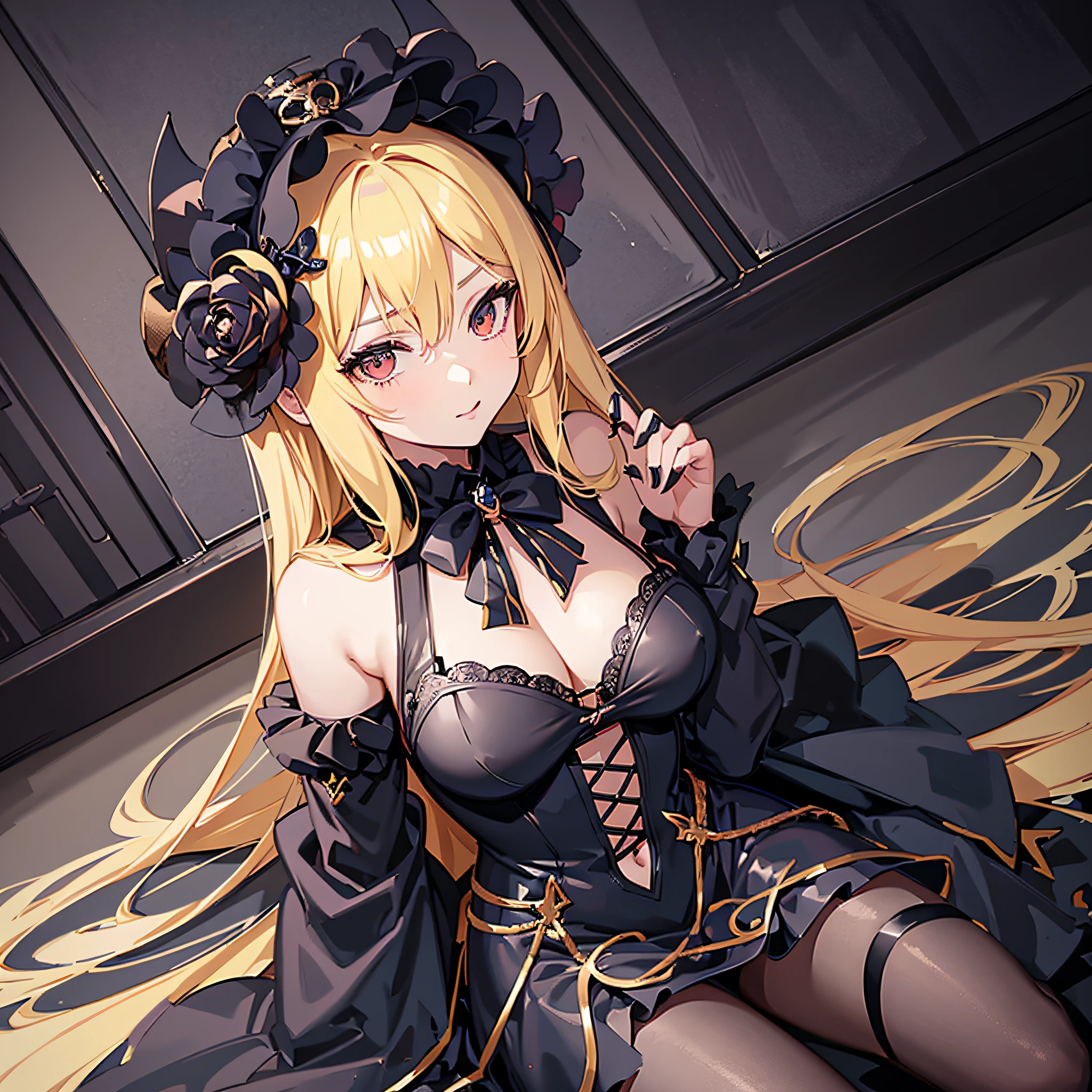 Anime girl with blonde hair and black dress sitting on a black surface, seductive anime girl, demonic anime girl, best 4k konachan anime wallpaper, zerochan art, (anime girl), gothic maiden anime girl, trend in artstation pixiv, beautiful seductive anime woman, cushart krenz female key art, badass 8k anime, cute succubius